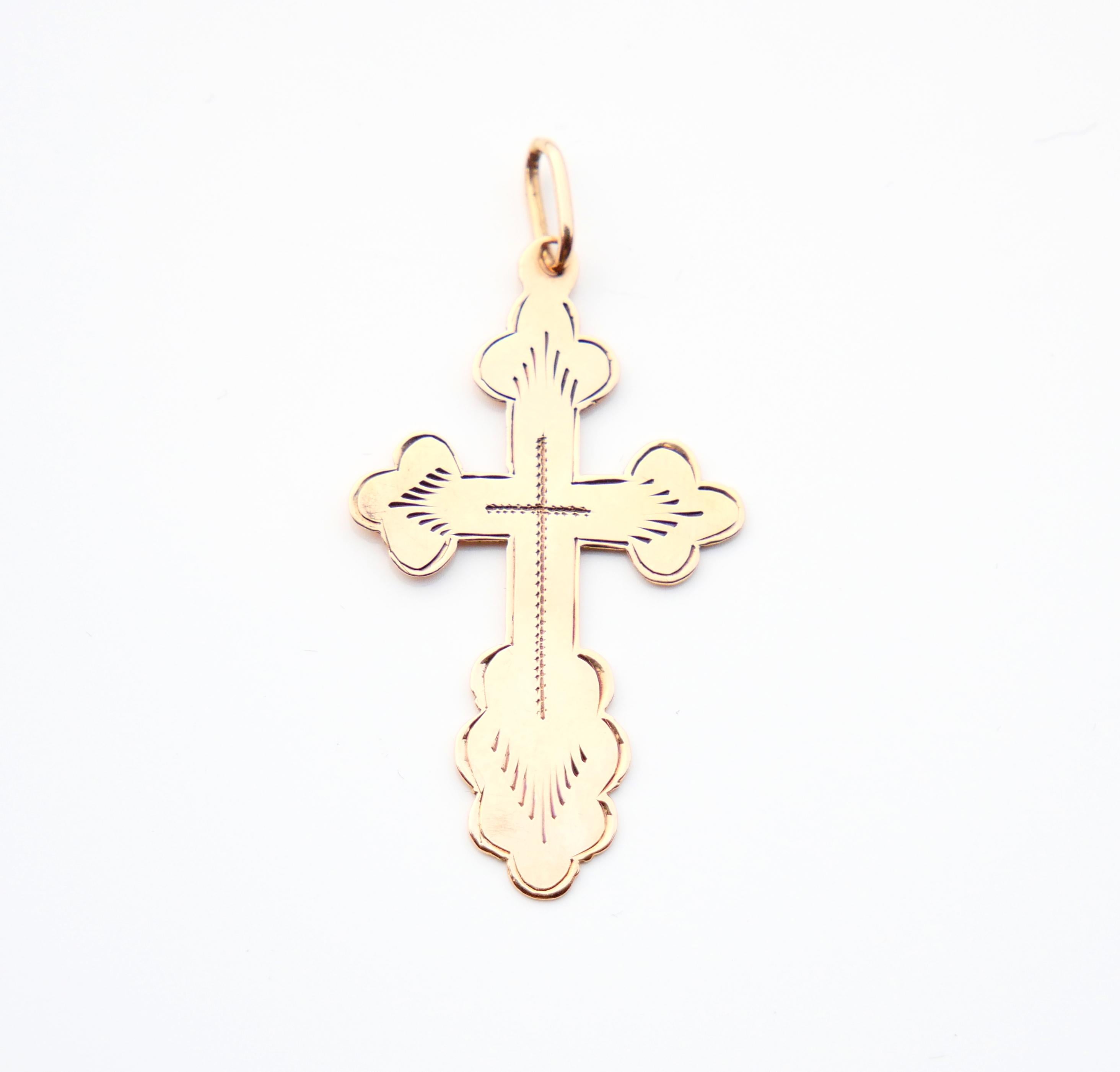 Russian / Georgian Orthodox Cross pendant in solid 56 / 14K Gold. Delicate hand - engraved ornament.

Hallmarked with old Russian Imperial Gold standard 56 zolotniks (14K) used between 1908 -1917. Assay of Tiflis (Tbilisi) city, Russian