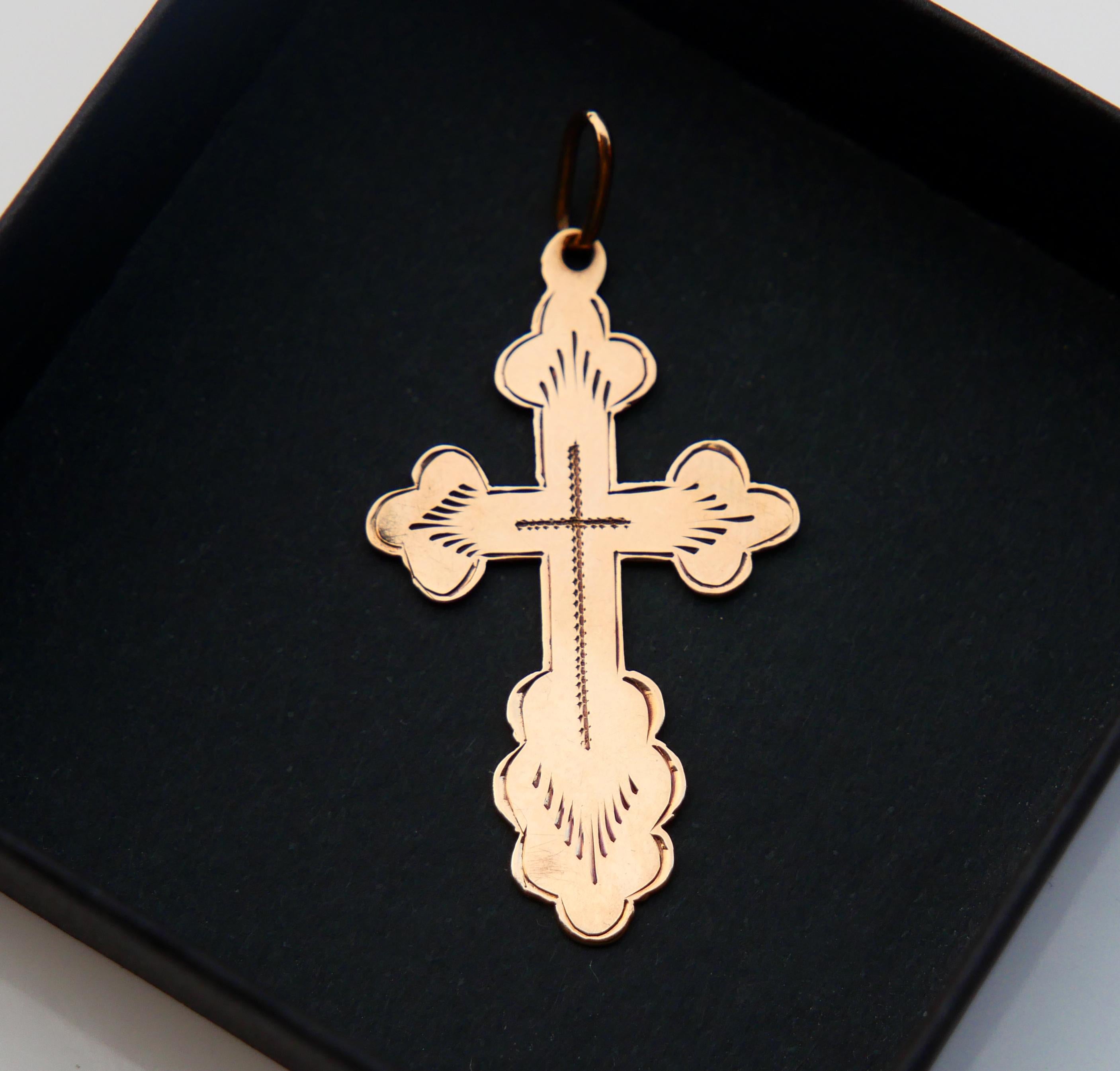 Art Nouveau Imperial Russian Georgian Orthodox Cross Crucifix Solid 56 / 14K Gold /4cm /2 gr For Sale