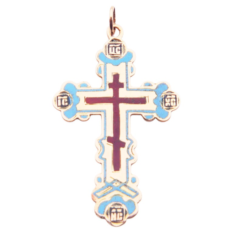 Imperial Russian Orthodox Cross Crucifix Enamel Solid 56 14K