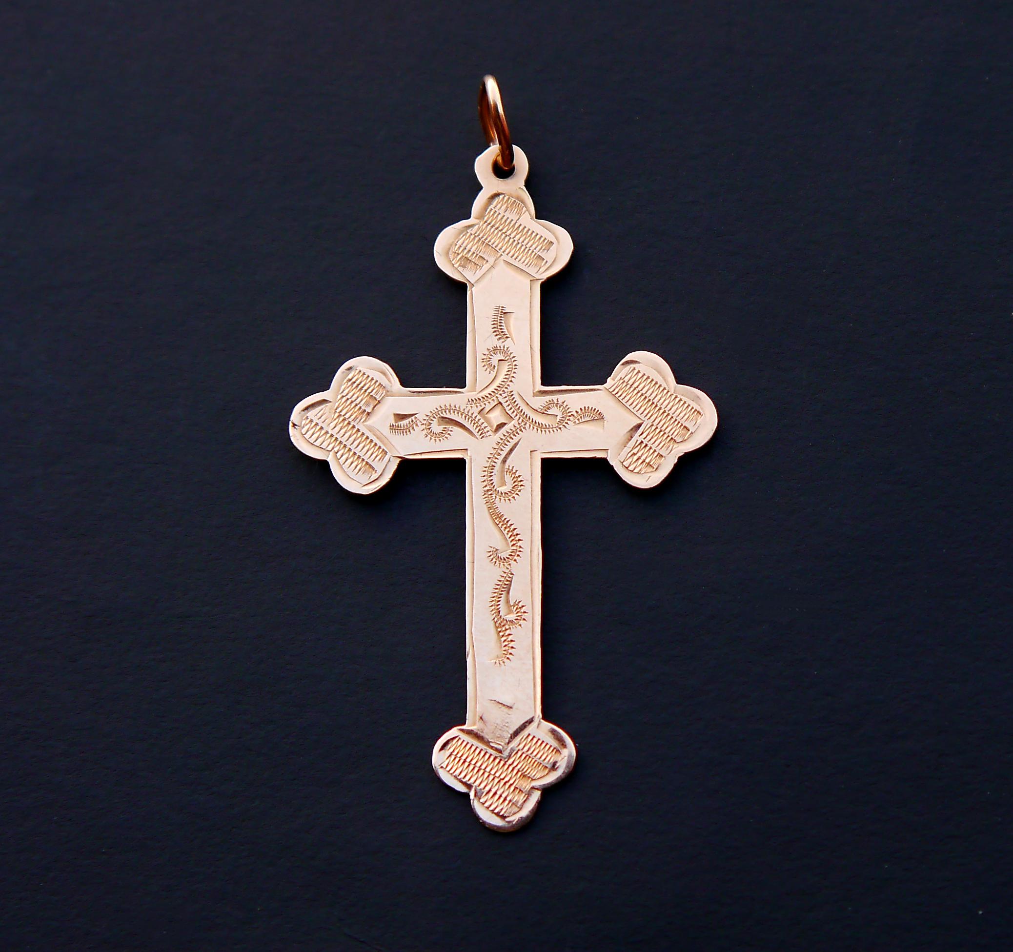 Art Nouveau Imperial Russian Orthodox Cross Crucifix Solid 56 / 14K Gold /5cm /2.1 gr For Sale