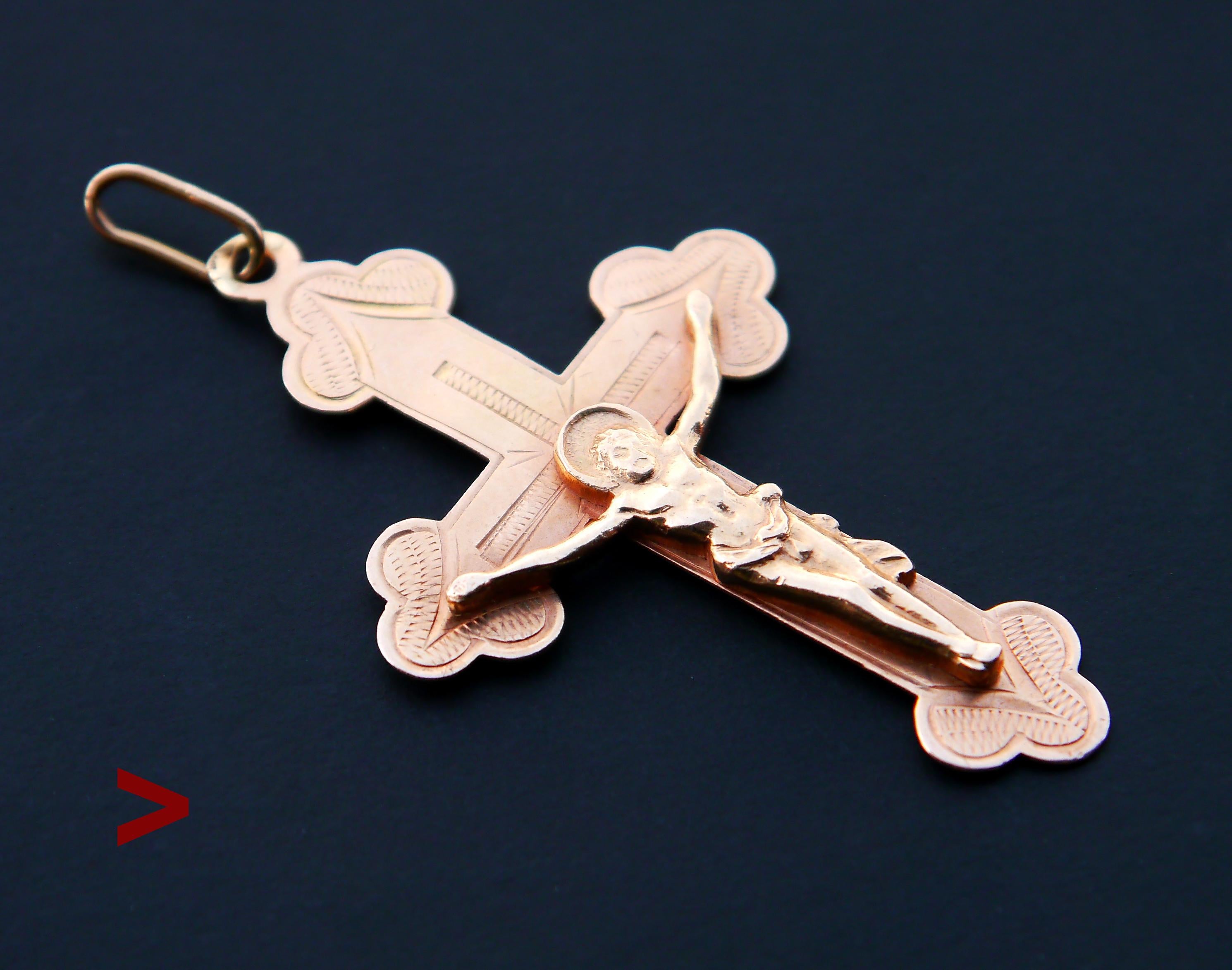 Russian Orthodox Cross pendant in solid 56 / 14K Rose Gold and Yellow (body of Christ ) Gold. Detailed depiction of the Saviour and delicate engravings.
Hallmarked with old Russian Gold standard 56 zolotniks (14K) used between 1908 -1917. Assay of