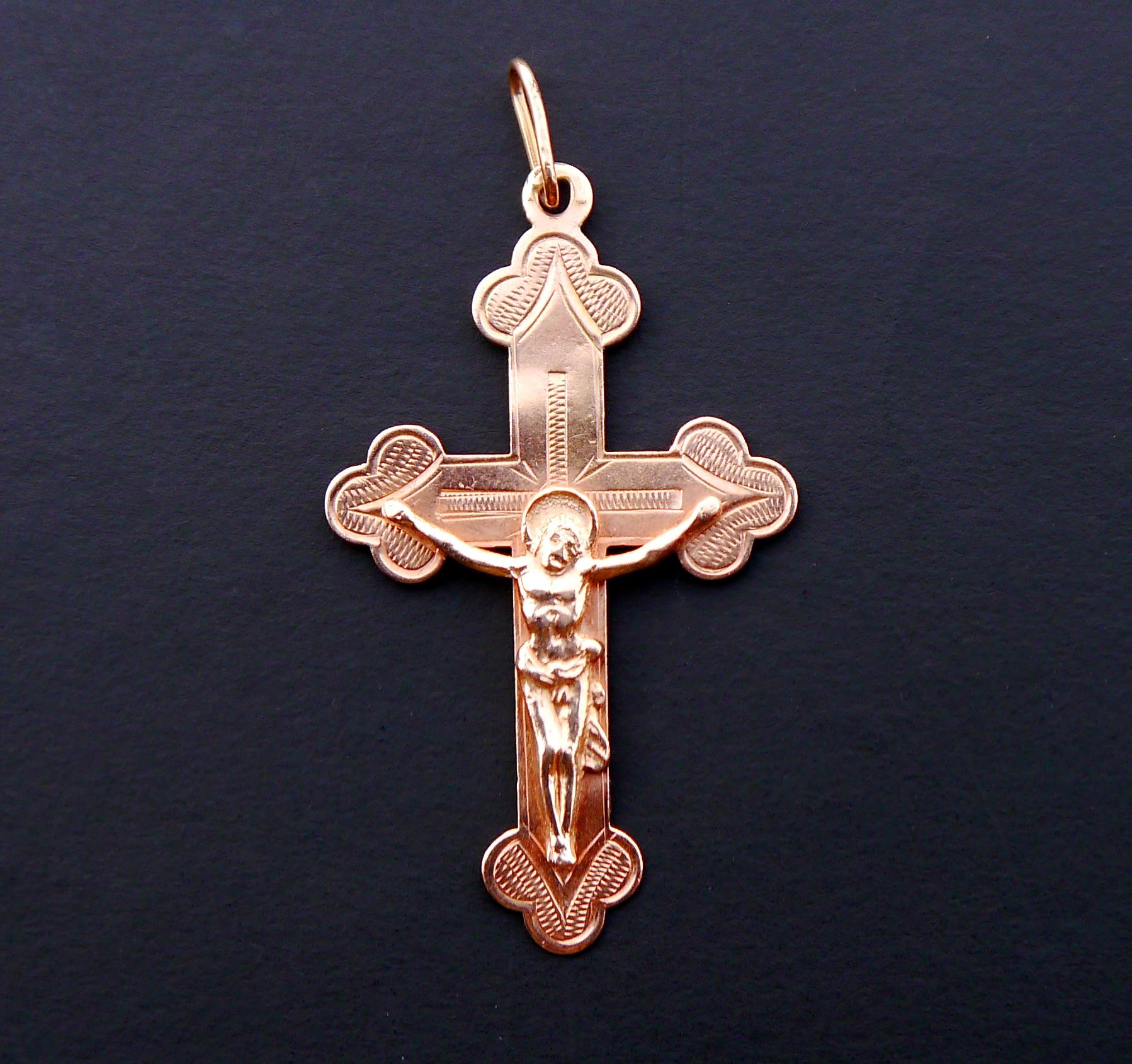 Art Nouveau Imperial Russian Orthodox Cross Crucifix Solid 56 / 14K Gold /5cm /3.9 gr For Sale