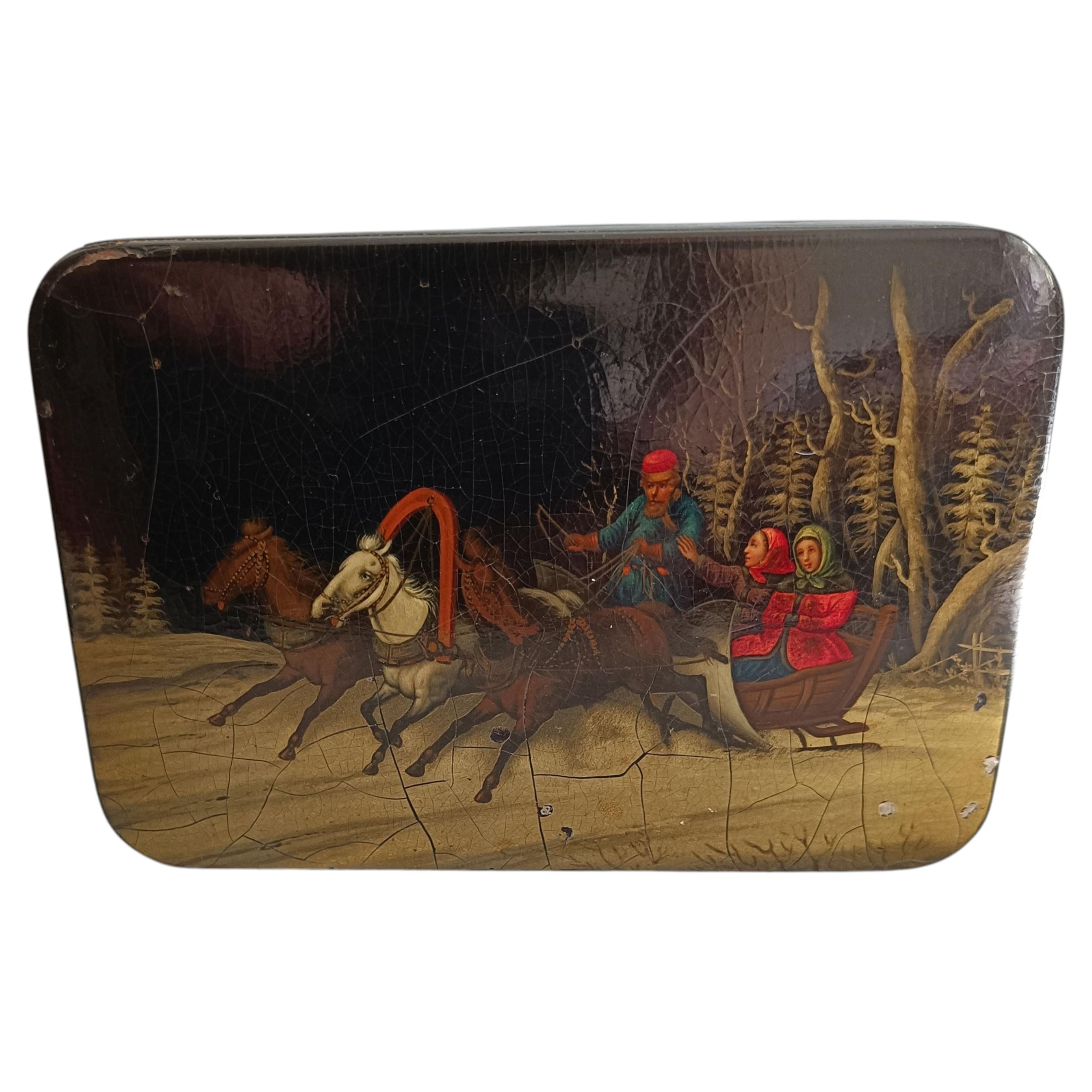 Imperial Russian Papier-Mâché Lacquer Box – Troika Scene Decorative Antiques For Sale