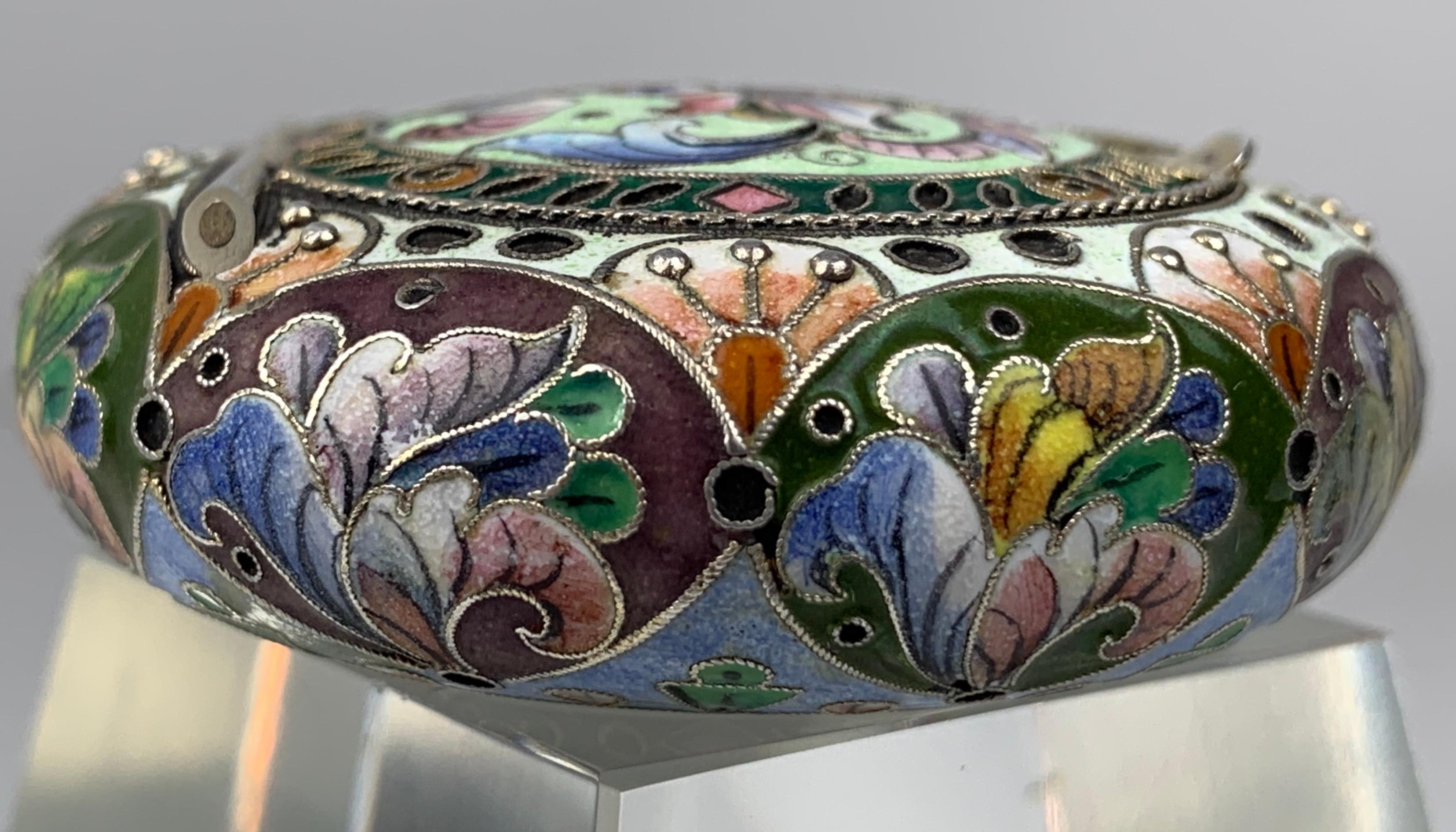 Sterling Silver Cushion Shaped Solid Silver Pill Box, Imperial Russian Polychromed Enamel 