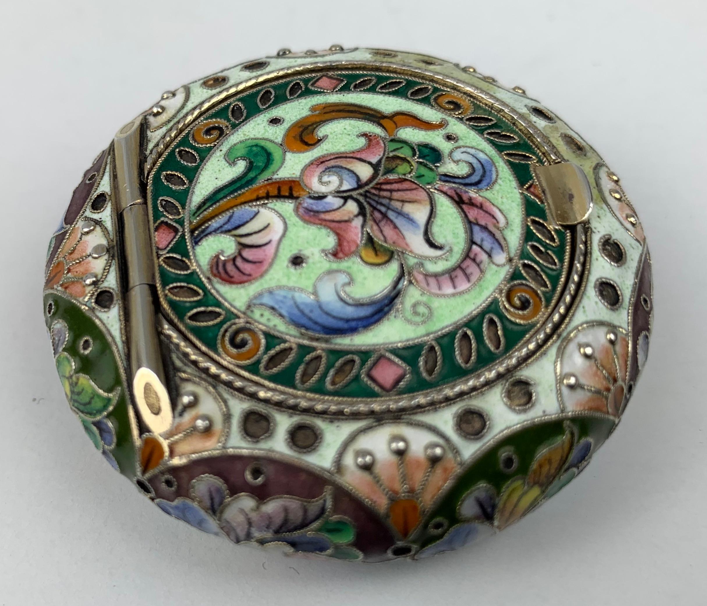 Cushion Shaped Solid Silver Pill Box, Imperial Russian Polychromed Enamel  1