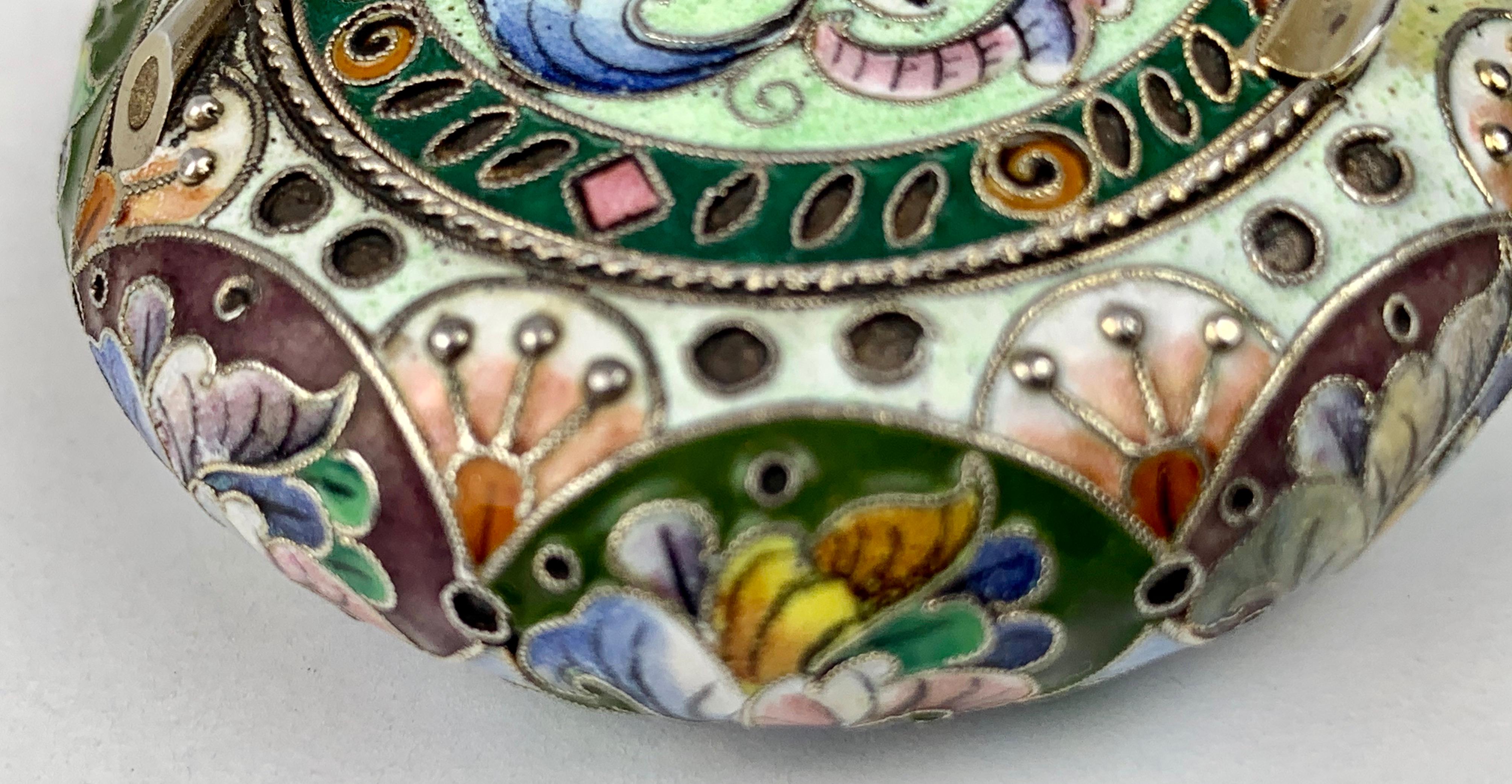 Cushion Shaped Solid Silver Pill Box, Imperial Russian Polychromed Enamel  2