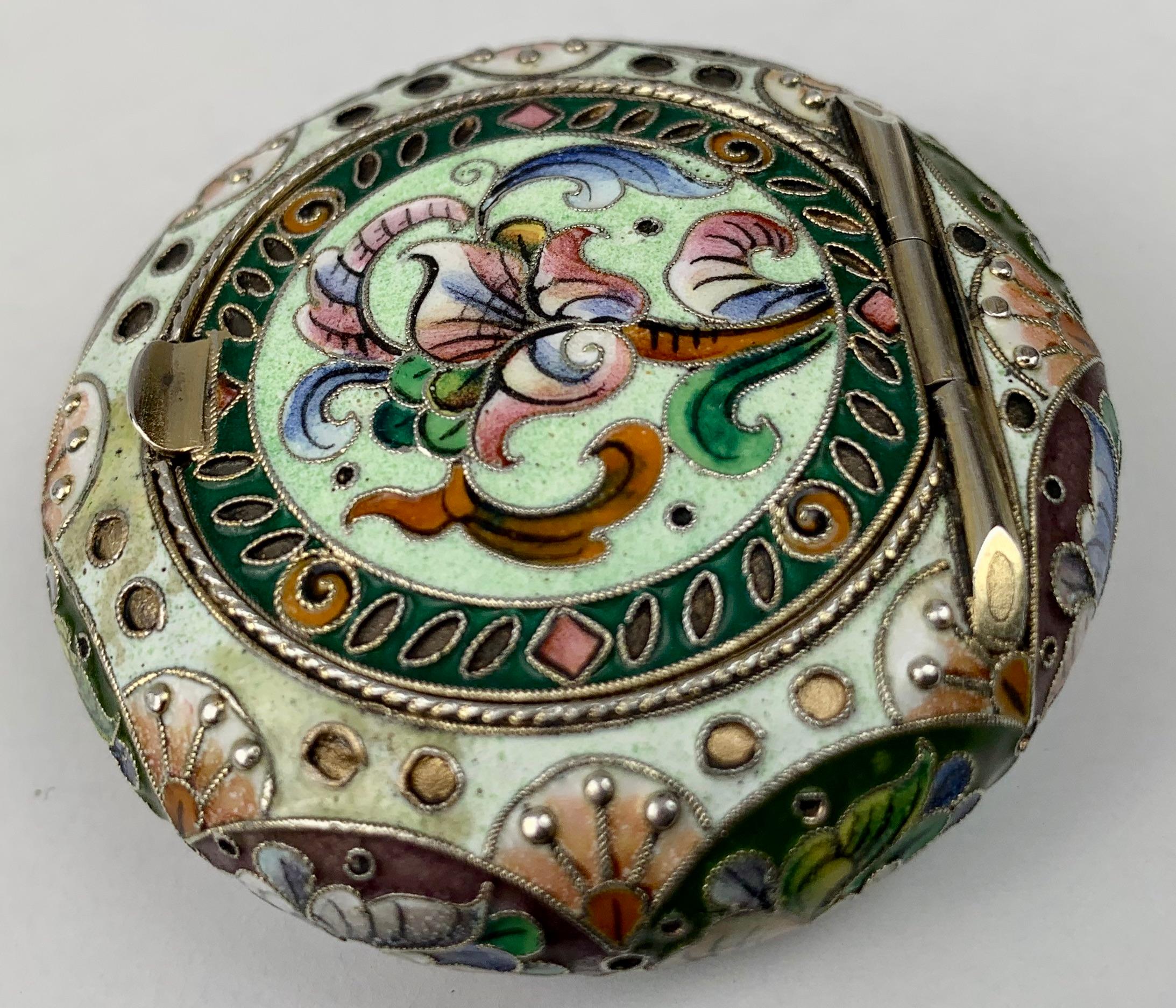 Early 20th Century Cushion Shaped Solid Silver Pill Box, Imperial Russian Polychromed Enamel 