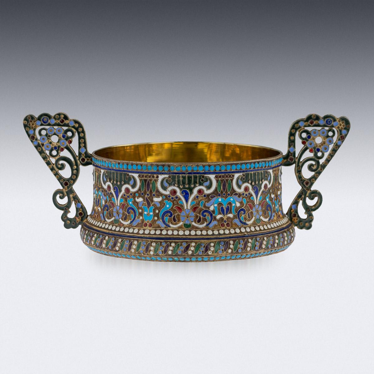 Antique early 20th century Imperial Russian solid silver-gilt and cloisonné enamel sugar bowl and tongs, particularly large size and Fine quality, richly gilt and beautifully enameled with multicolored stylised design on stippled ground and applied