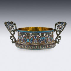 Imperial Russian Silver and Enamel Sugar Bowl & Tongs, circa 1910