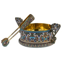 Imperial Russian Silver and Enamel Sugar Bowl & Tongs, circa 1910