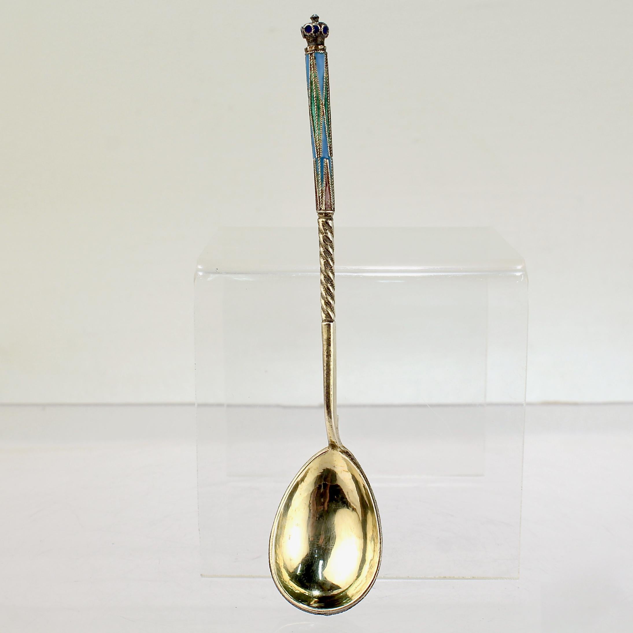 Russian Empire Imperial Russian Silver & Cloisonne Enamel Tea / Kvosh Spoon by Eros Samoschin For Sale