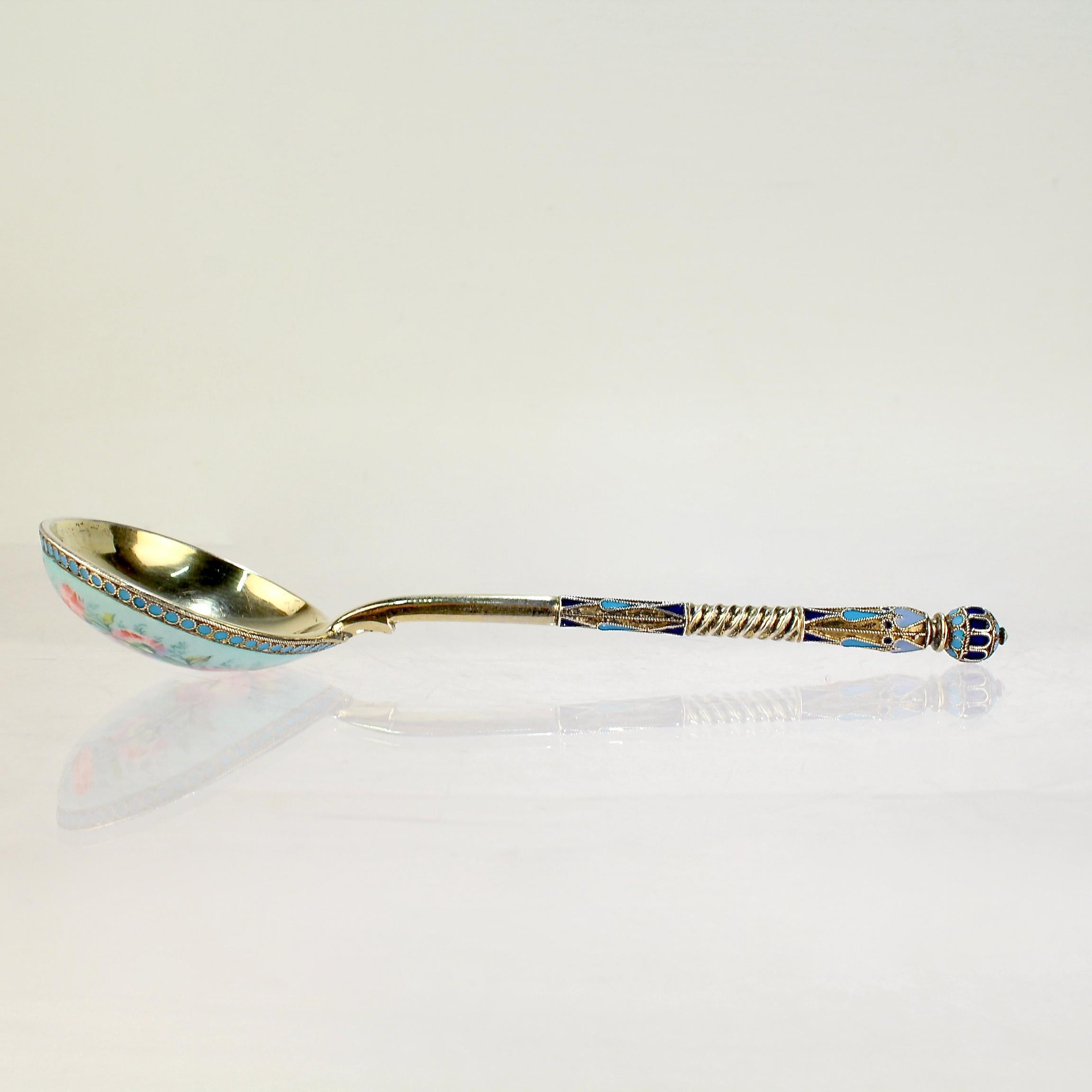 Imperial Russian Silver Cloisonné & Pictorial Enamel Spoon by Ivan Saltykov In Good Condition In Philadelphia, PA