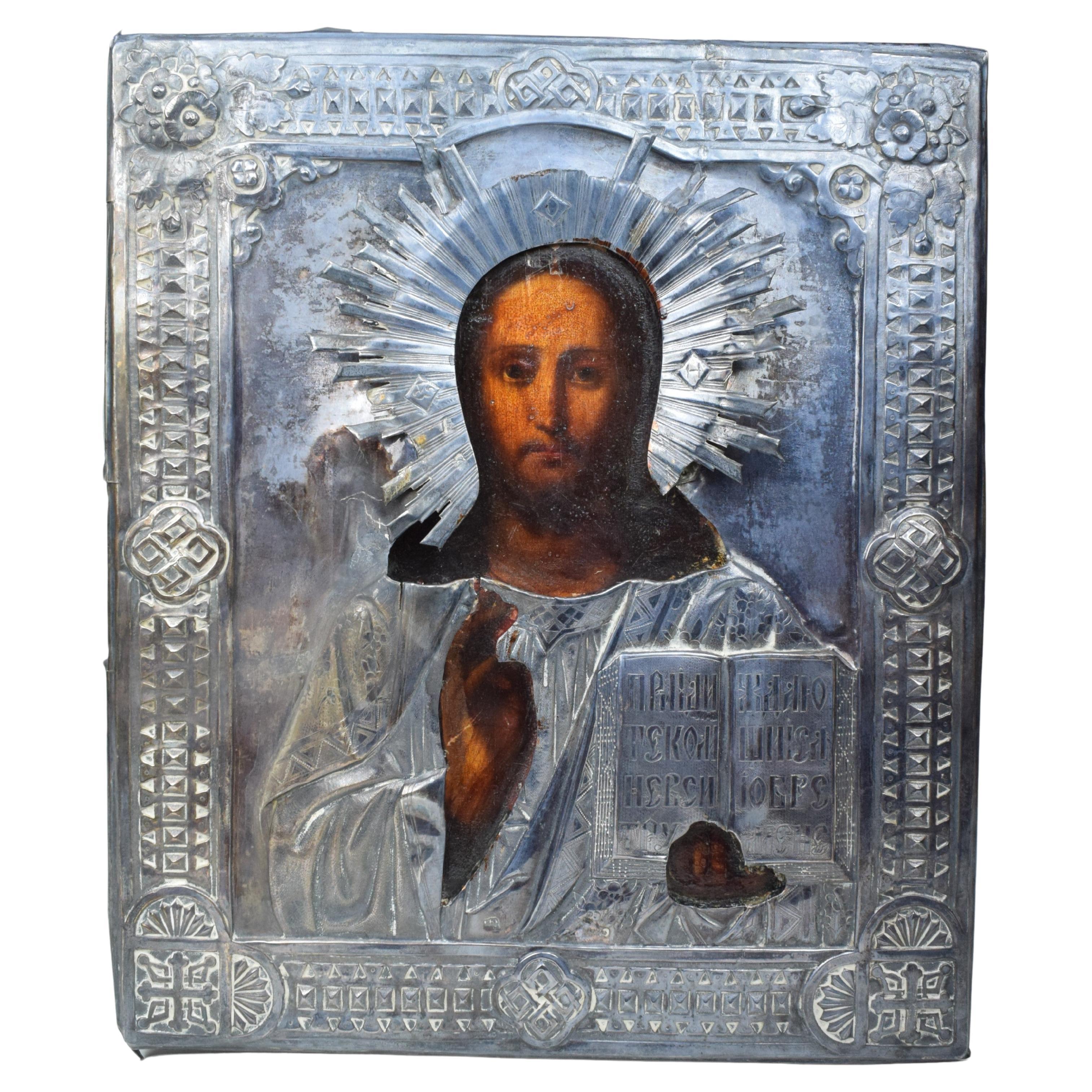  Imperial Russian Silver-Gilt Jesus Pantokrator, 19th Century For Sale