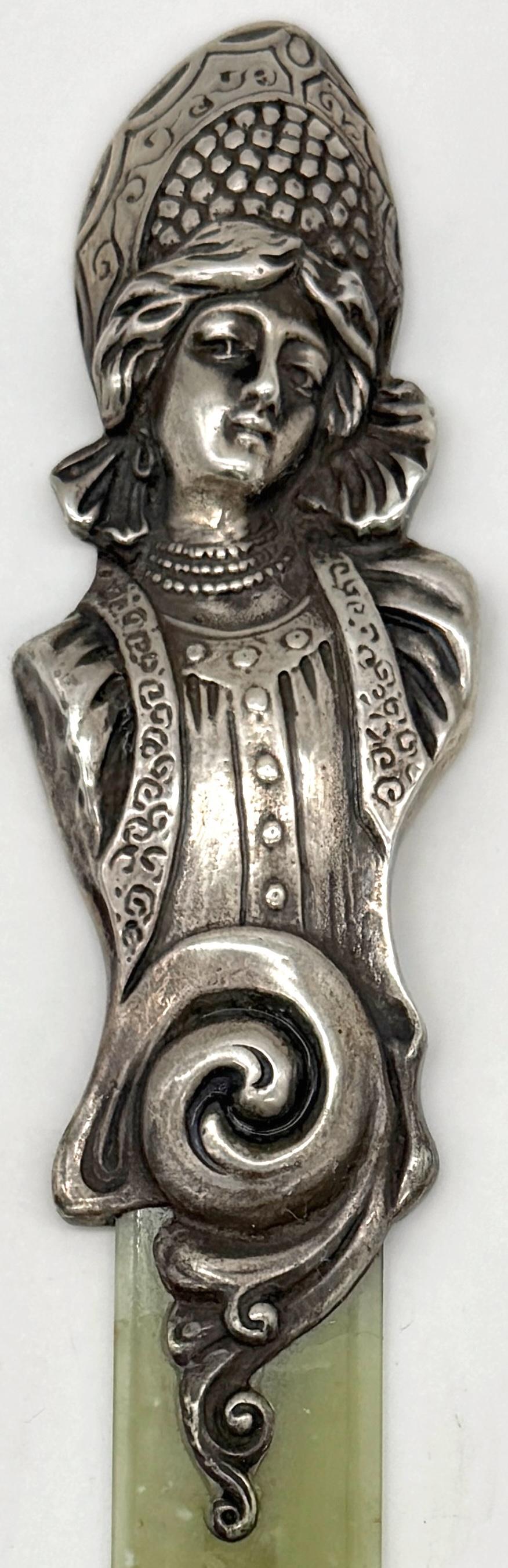 Belle Époque Imperial Russian Silver  Kokoshnik Maiden & Nephrite Page Turner, Marked “BA