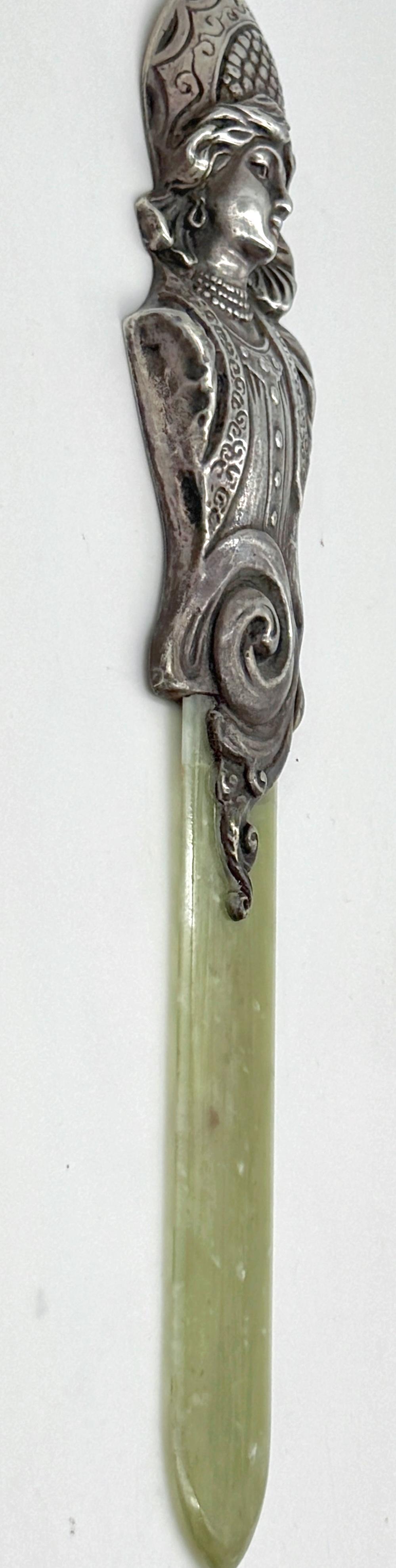 Imperial Russian Silver  Kokoshnik Maiden & Nephrite Page Turner, Marked “BA