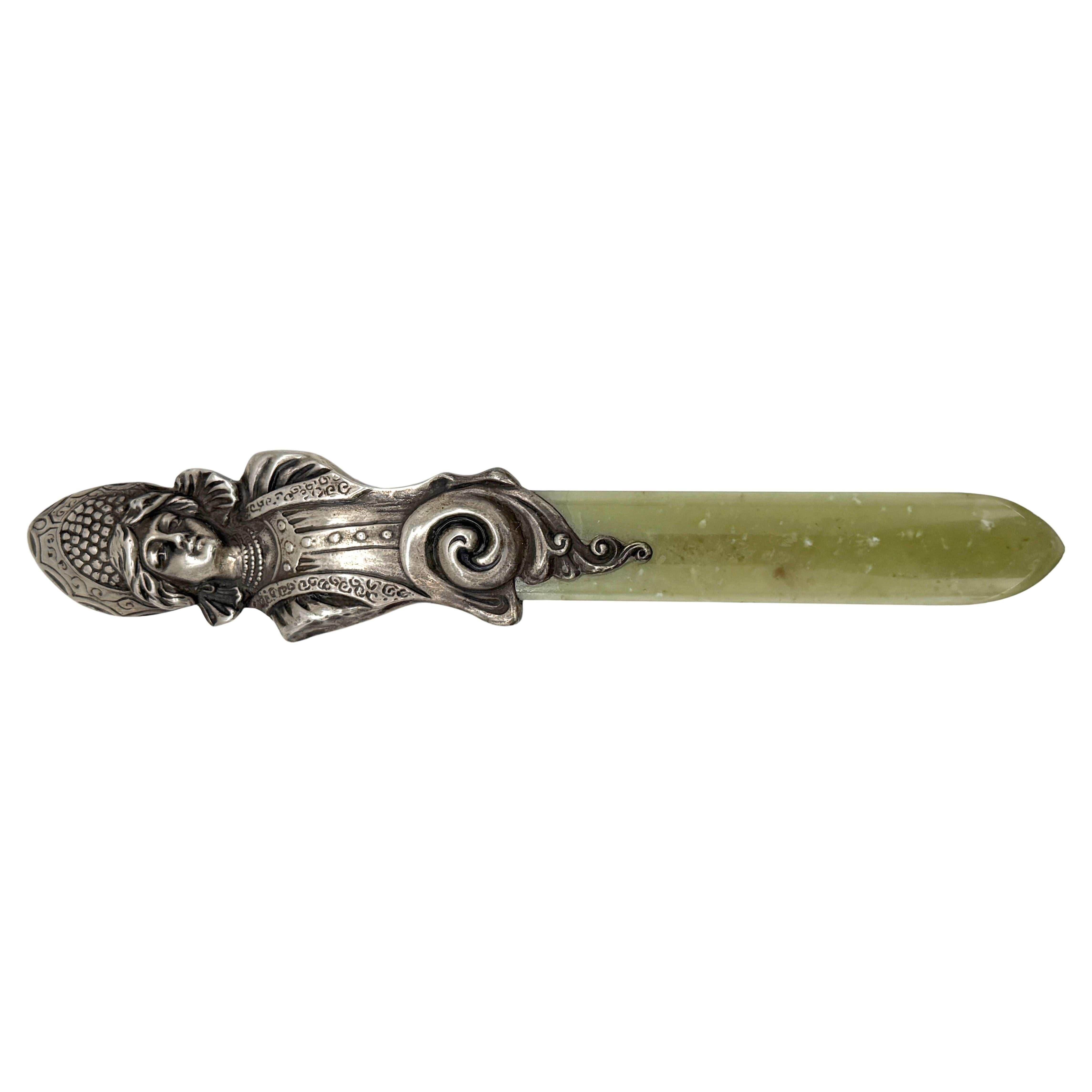 Imperial Russian Silver  Kokoshnik Maiden & Nephrite Page Turner, Marked “BA" For Sale