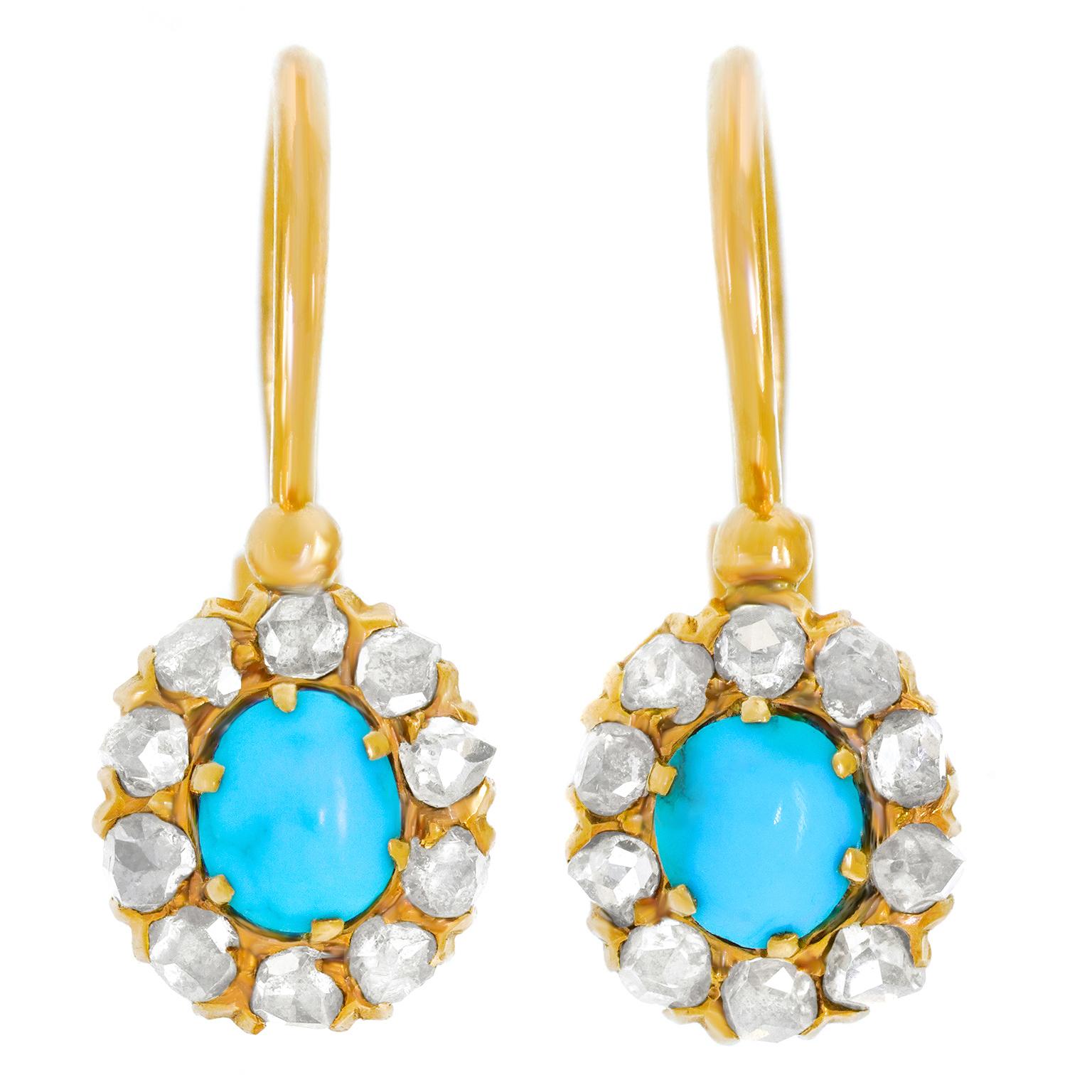 Rose Cut Imperial Russian Turquoise and Diamond-Set Earrings