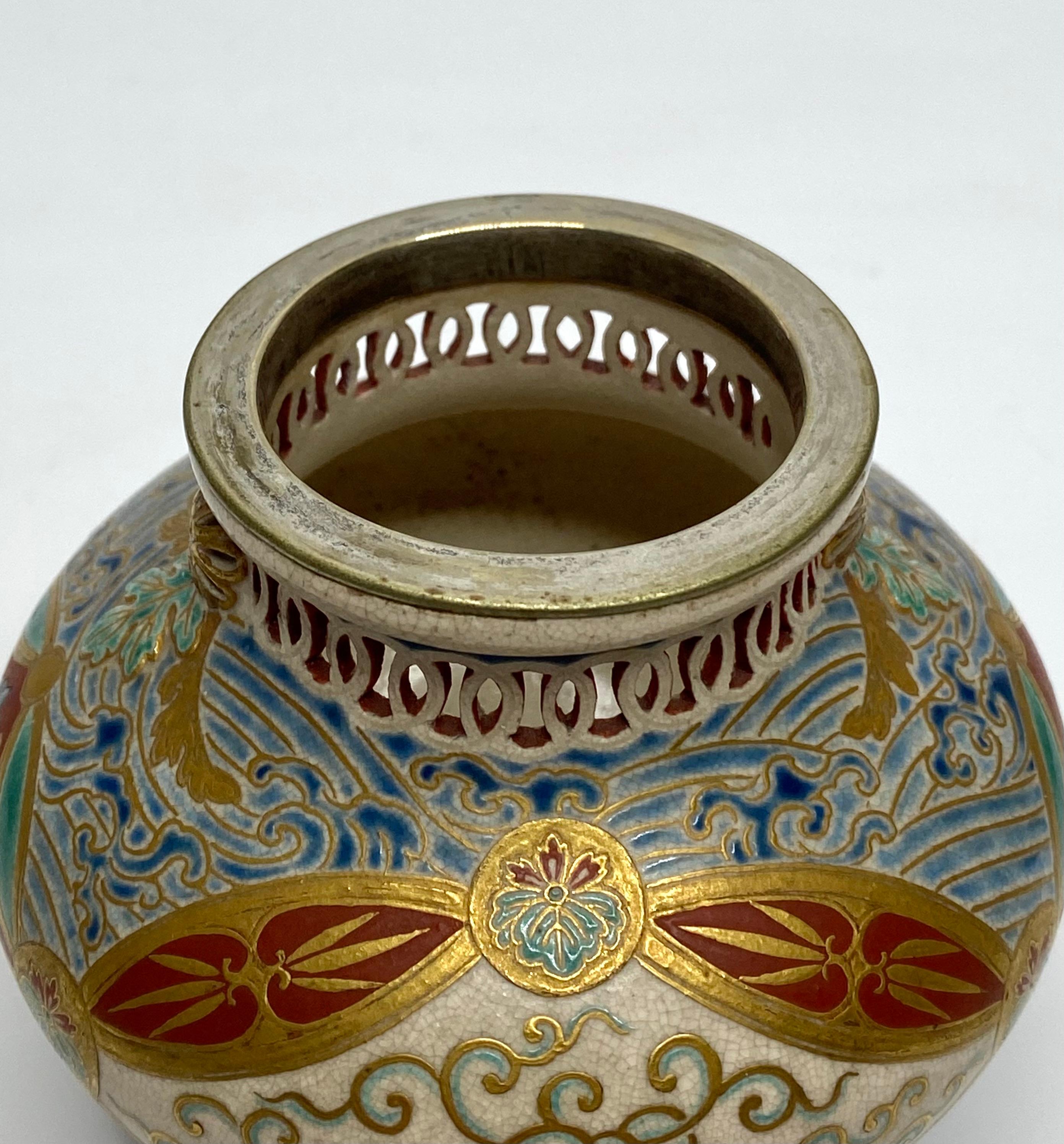 Imperial Satsuma pottery and silver koro, Japan, Meiji Period. 2