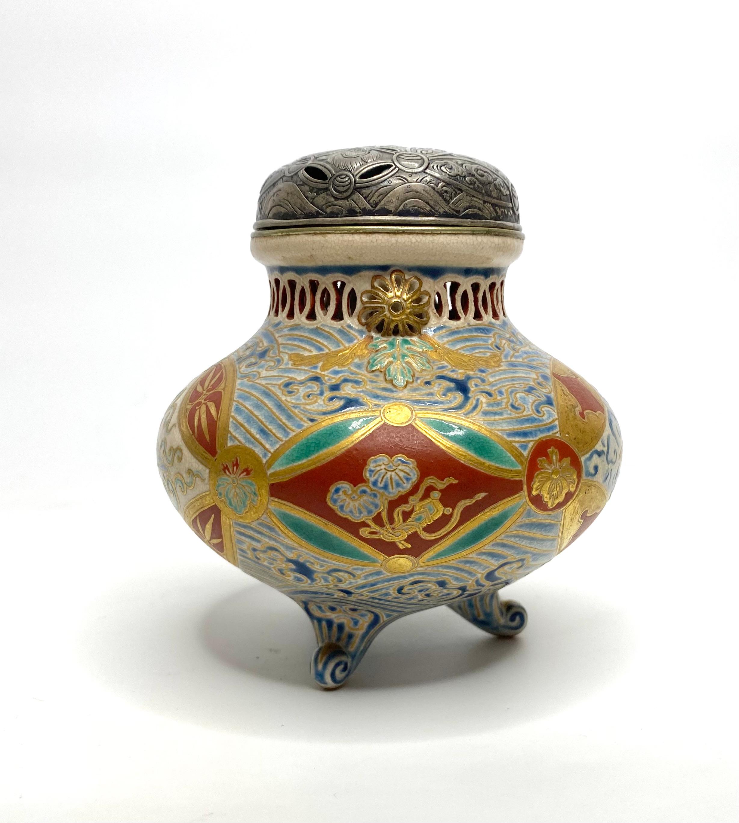 Japanese Imperial Satsuma pottery and silver koro, Japan, Meiji Period.