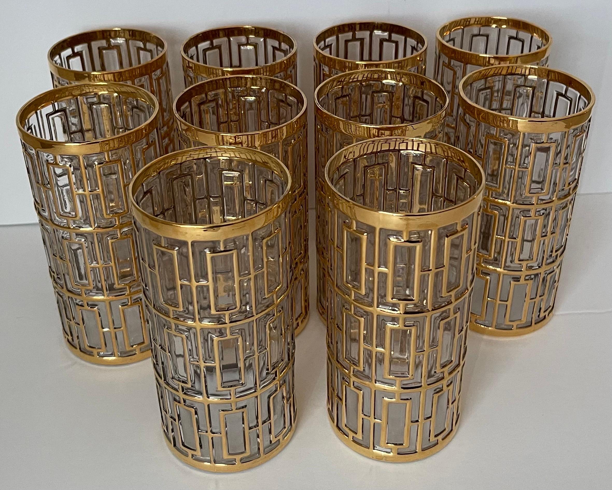 Set of ten 1960s Imperial Shoji patterned glasses. Highball style. Overall raised gold design. Stamped IG on the bottom.