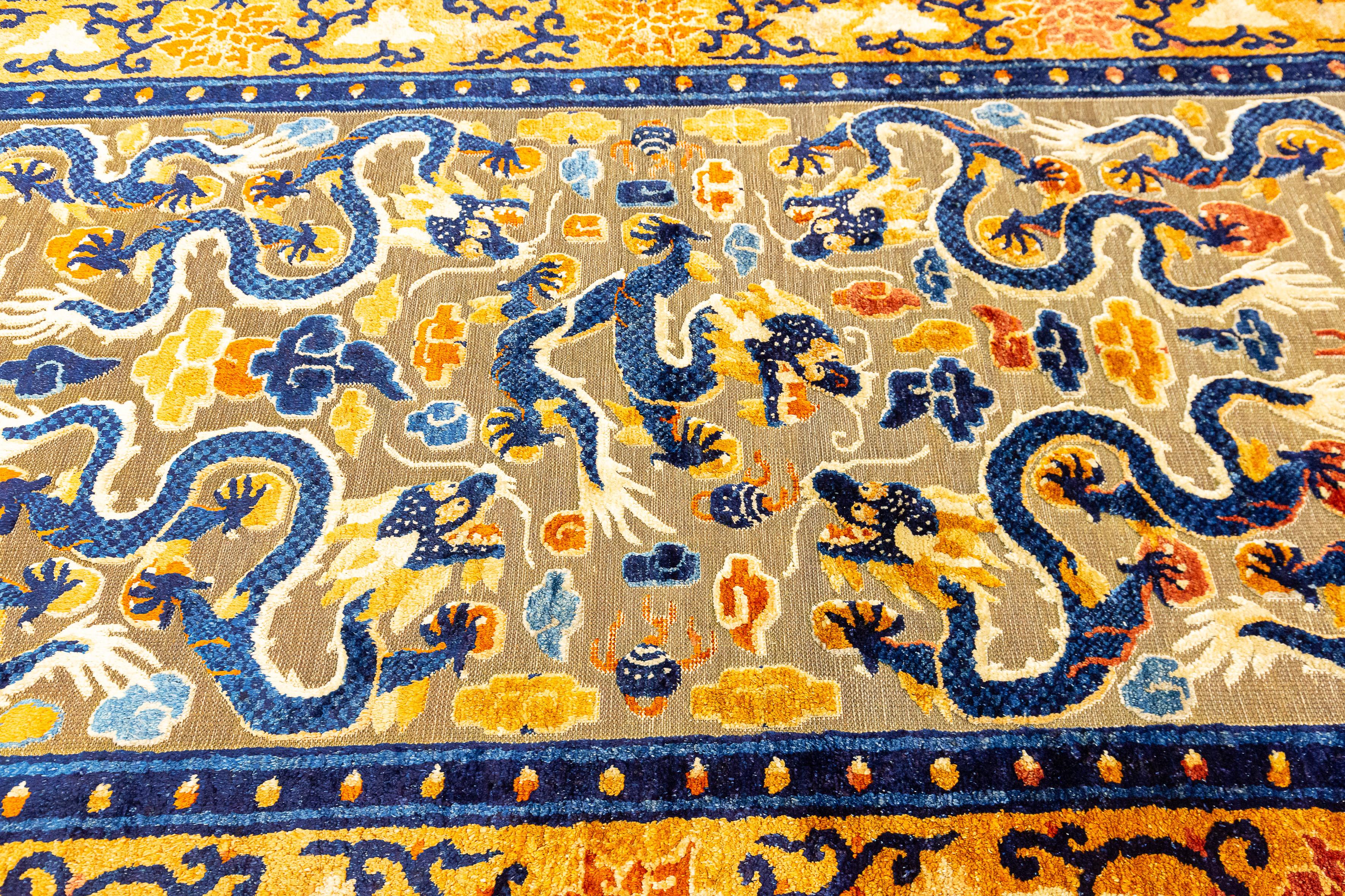 Hand-Knotted Imperial Silk&Metal Thread Chinese Rug  For Sale