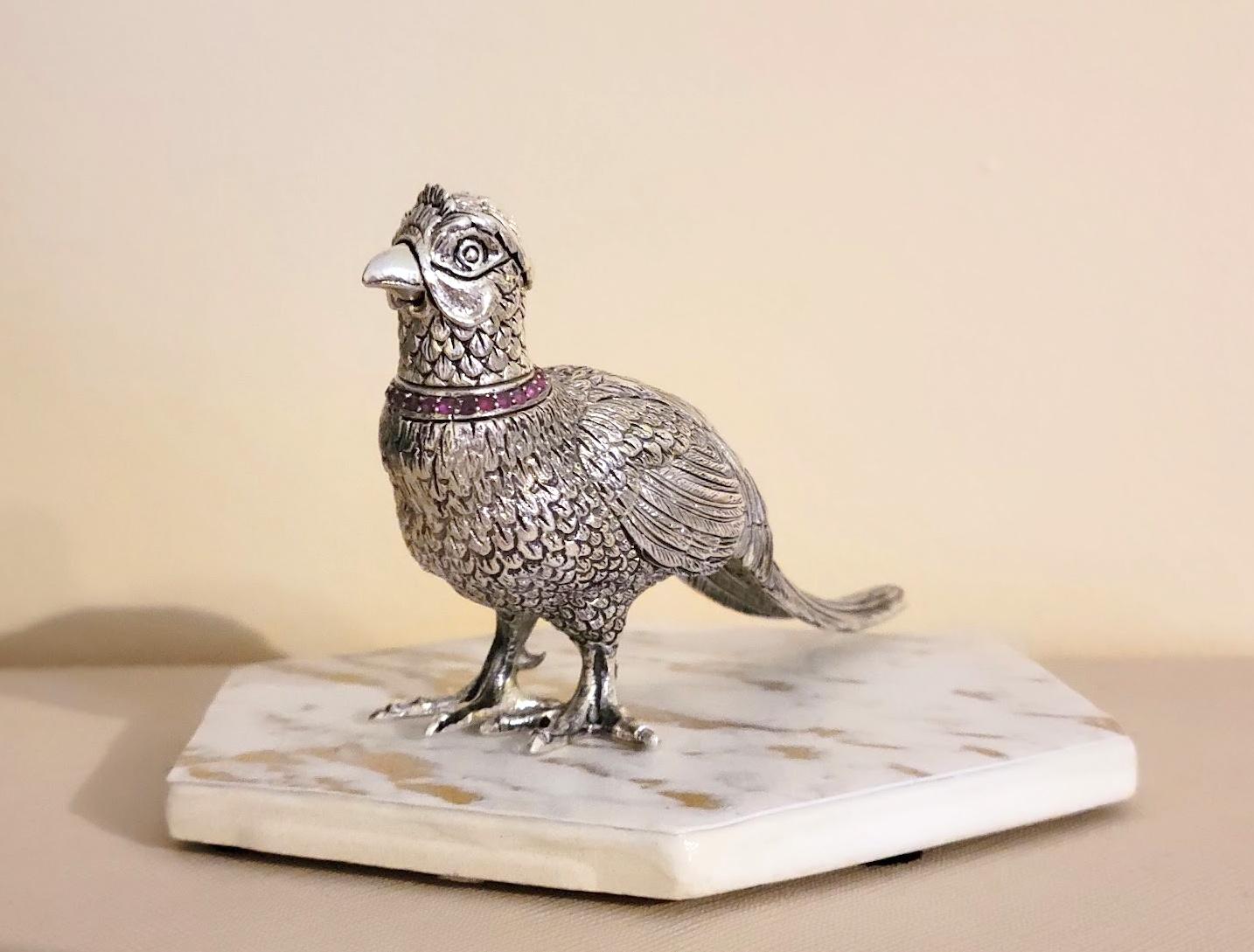 Hexagon Cut Imperial Silver Bird Figurine, Workmaster Mikhail Karpinsky  For Sale