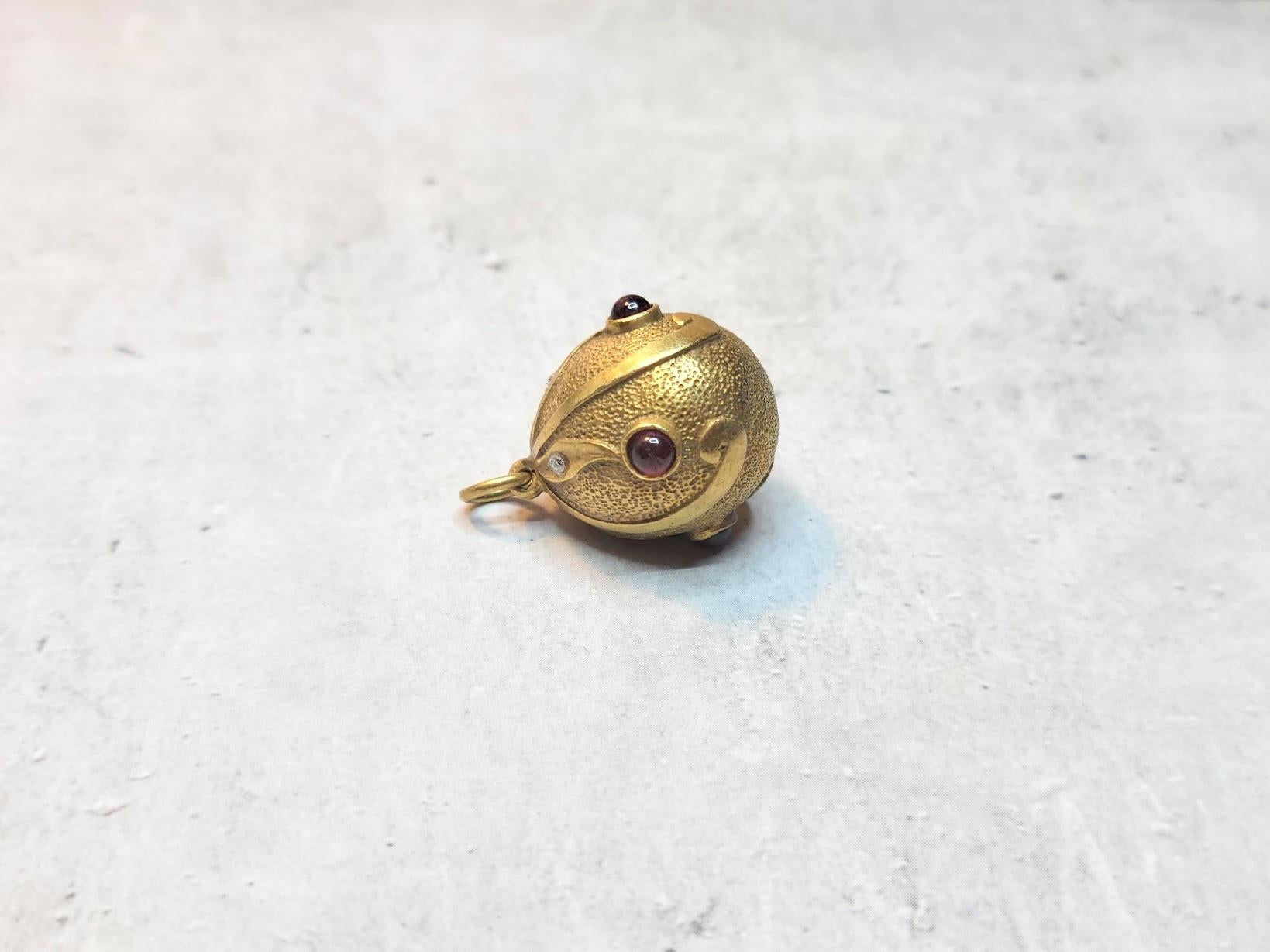 Antique Cushion Cut Antique Imperial Silver Gilt Egg Pendant with Garnets and Diamonds For Sale