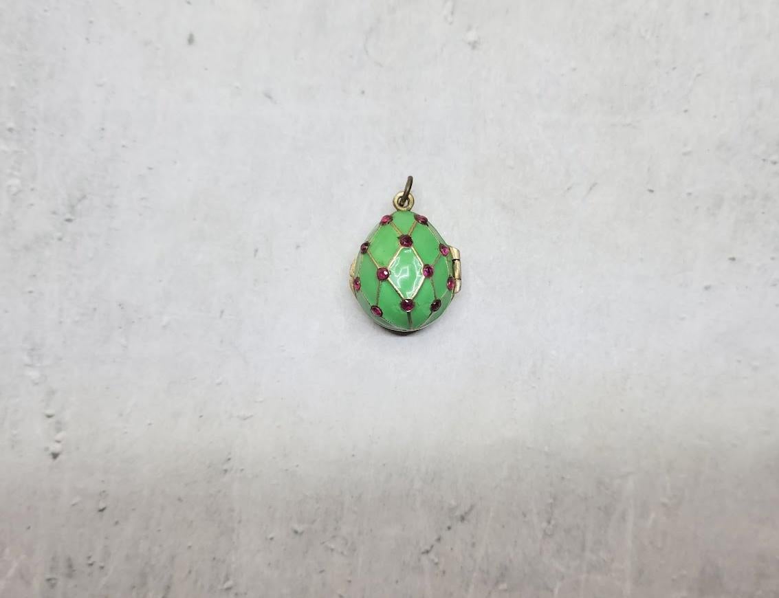 Russian Empire Imperial Silver Gilt Enamel Egg Locket Pendant Ruby Mesh