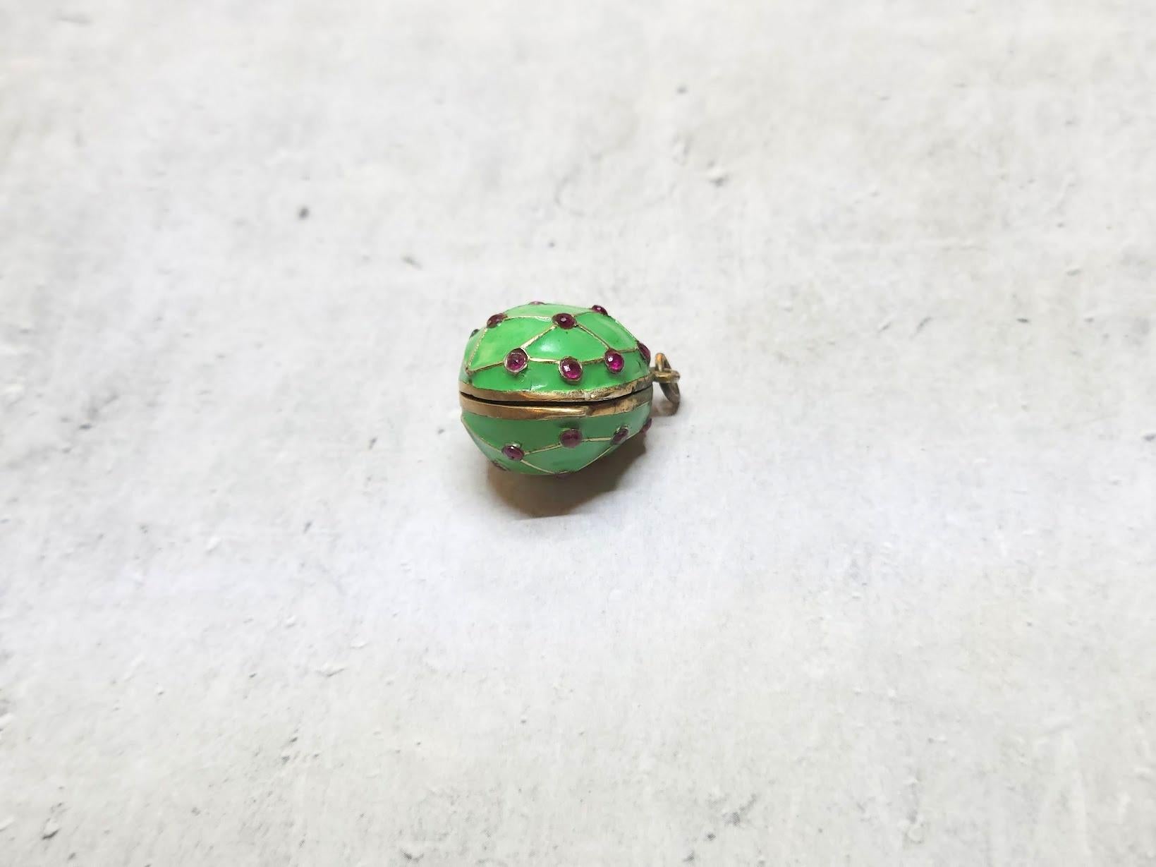 French Cut Imperial Silver Gilt Enamel Egg Locket Pendant Ruby Mesh