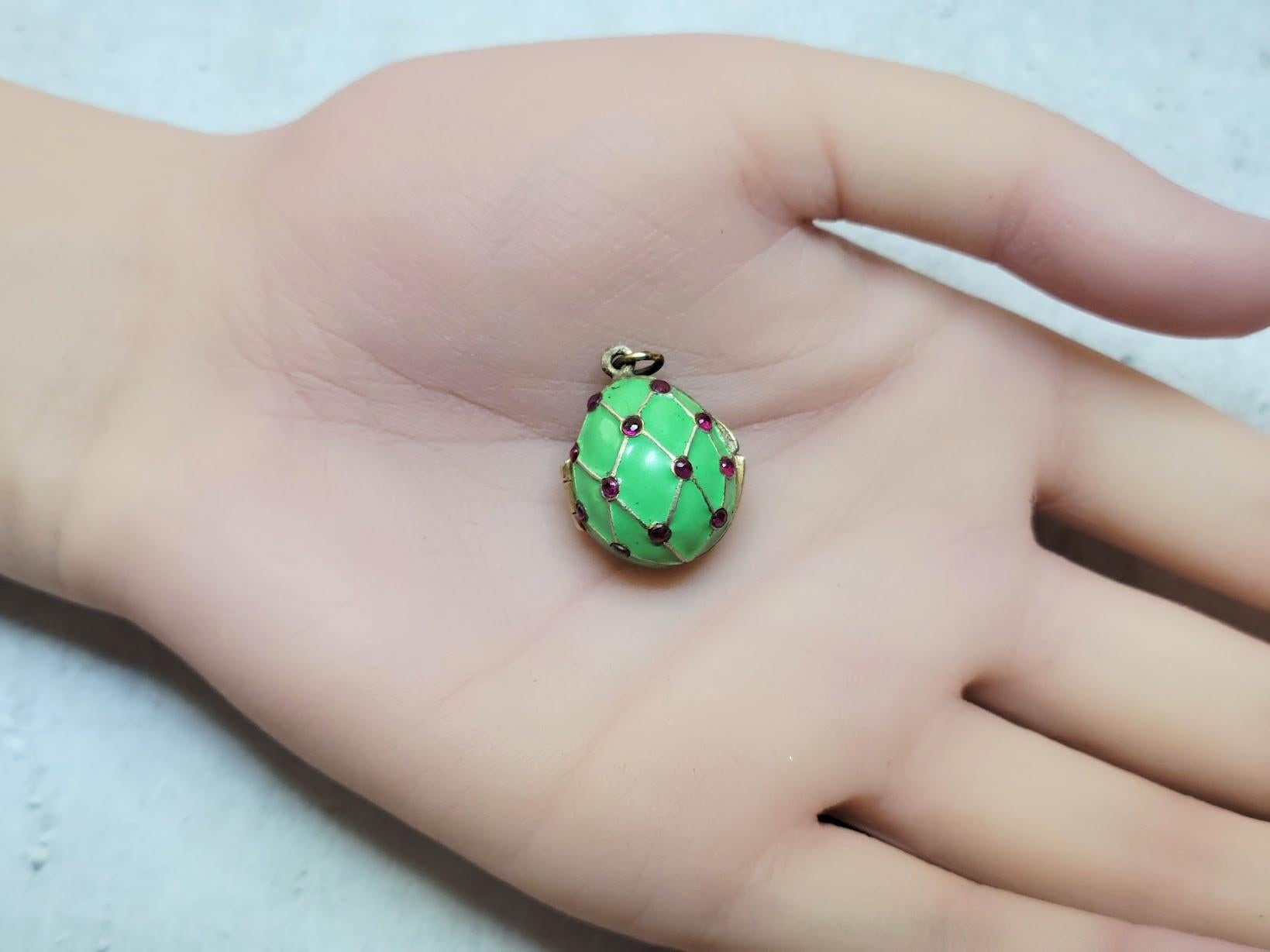Imperial Silver Gilt Enamel Egg Locket Pendant Ruby Mesh 2