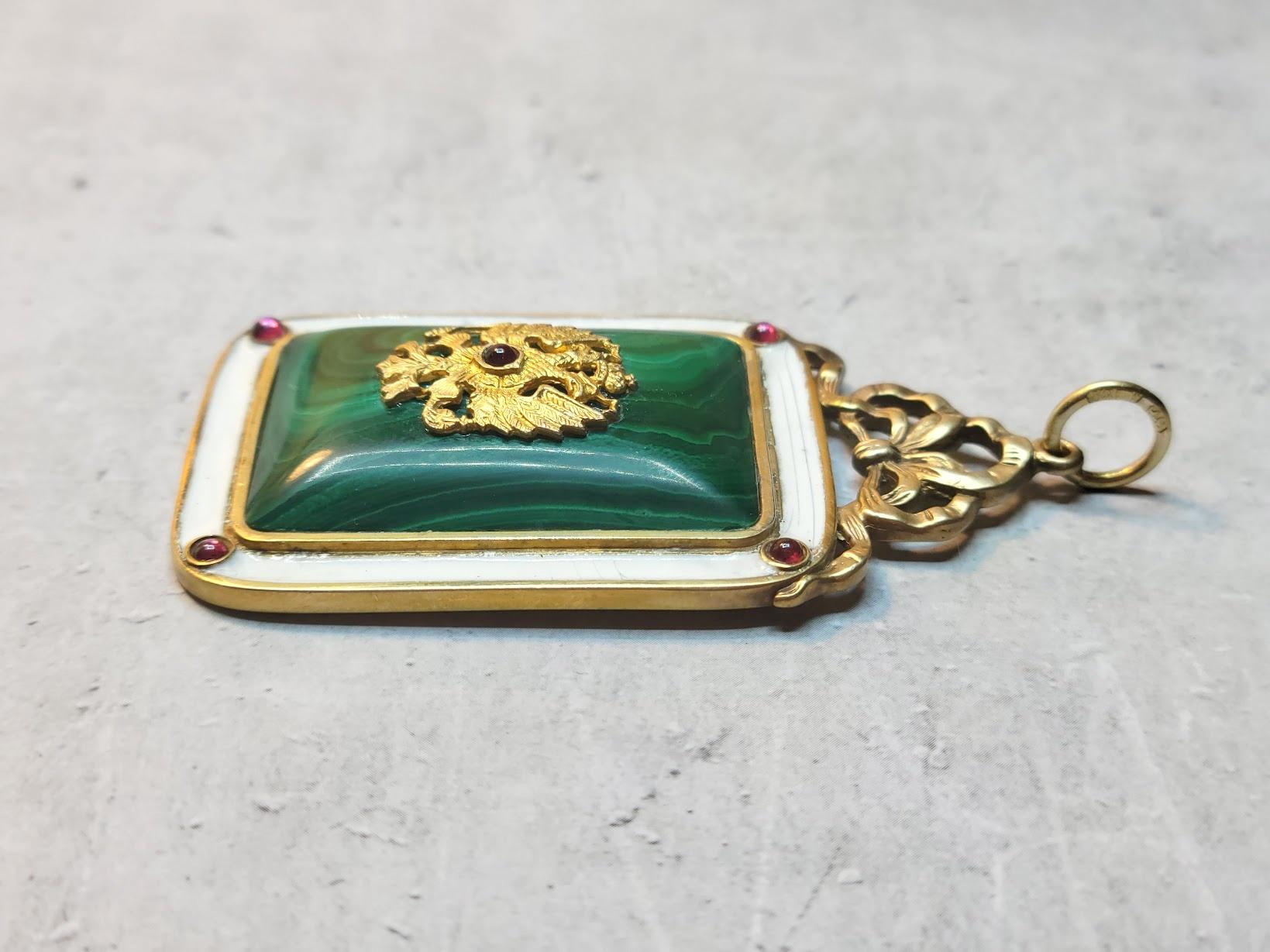 Russian Empire Imperial Silver Gilt Enamel Malachite Garnet Pendant With Coat Of Arms For Sale