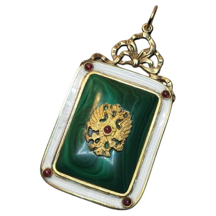 Imperial Silver Gilt Enamel Malachite Garnet Pendant With Coat Of Arms For Sale