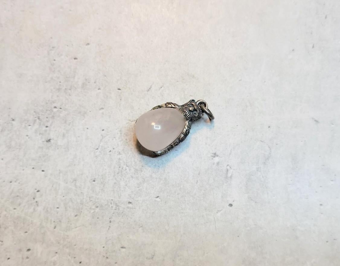 Bead Vintage Russian Imperial Silver Owl Quartz Egg Pendant For Sale