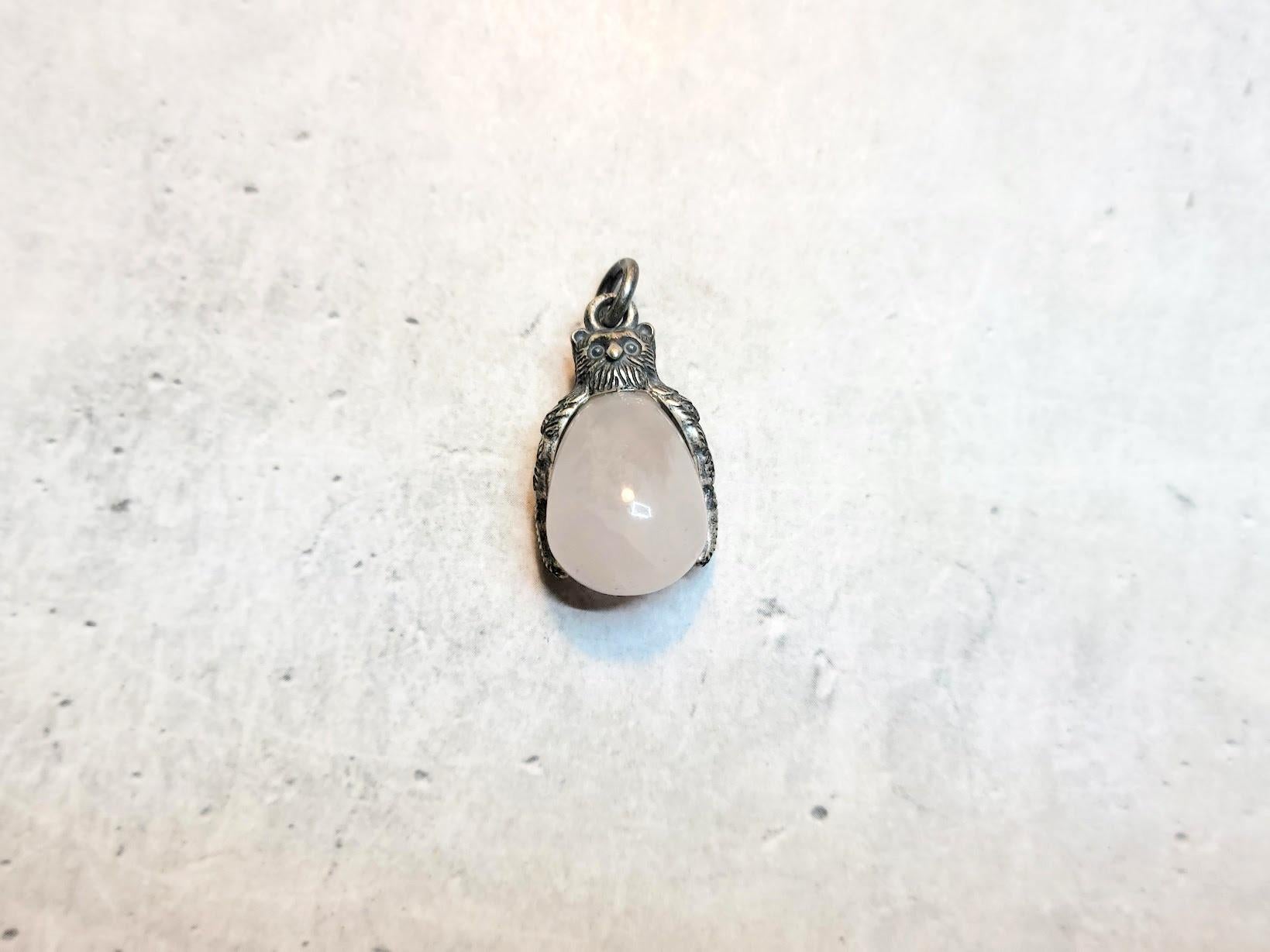 Vintage Russian Imperial Silver Owl Quartz Egg Pendant For Sale 1