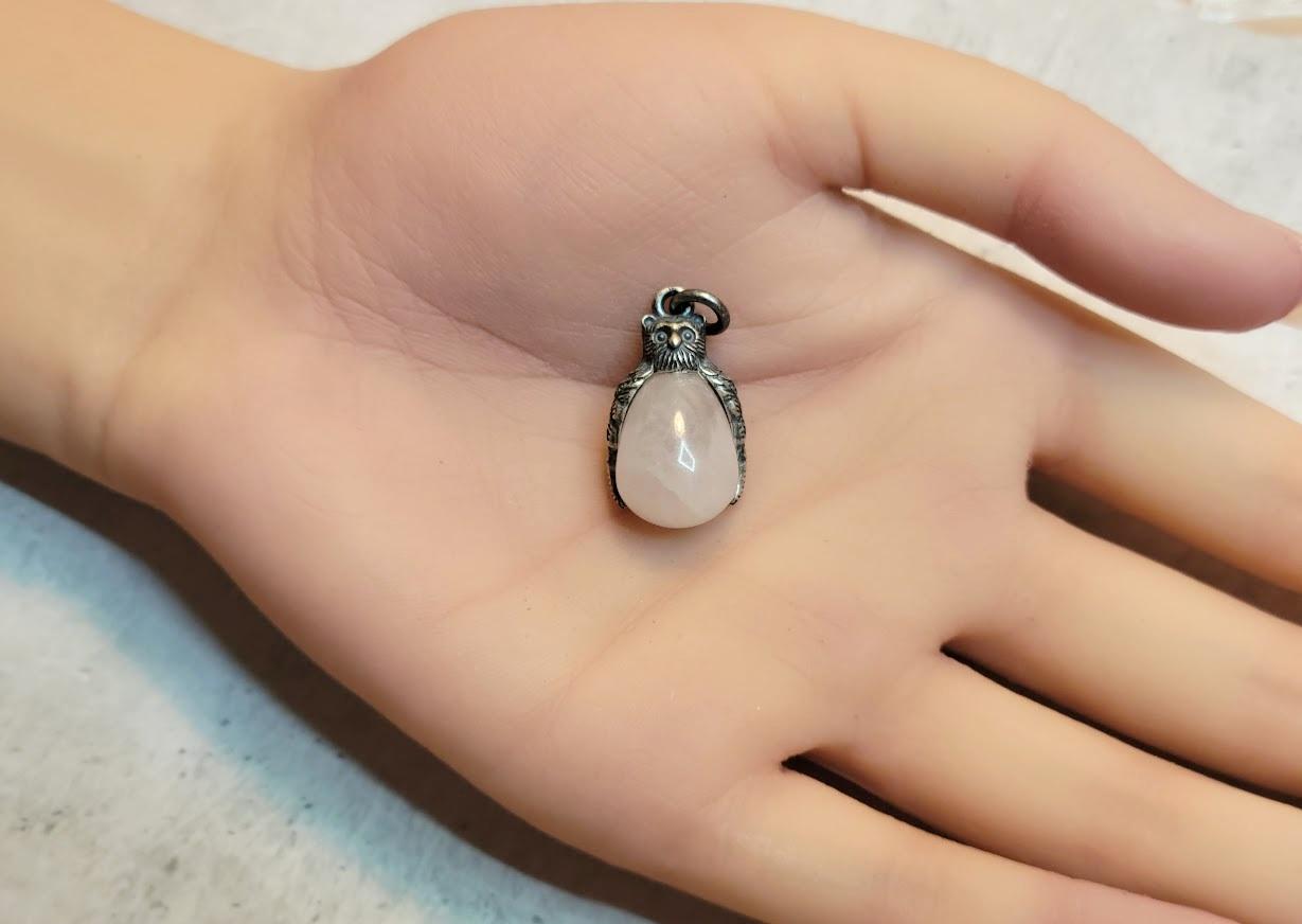 Vintage Russian Imperial Silver Owl Quartz Egg Pendant For Sale 3