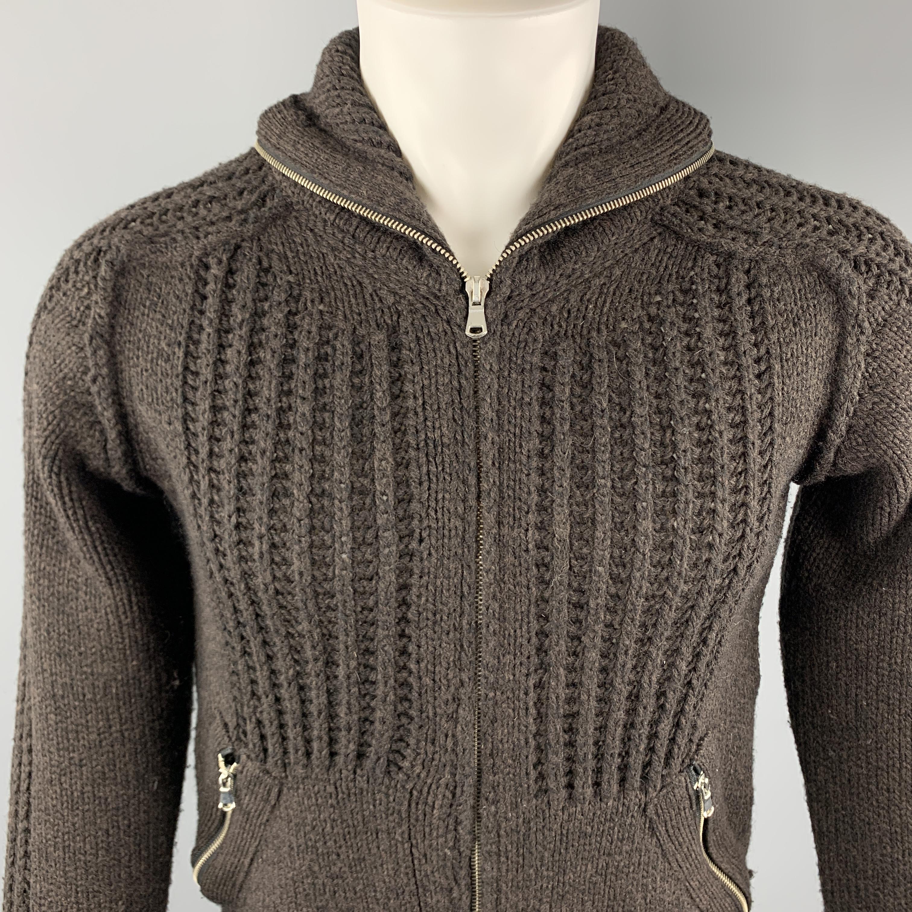 IMPERIAL Jacket comes in a brown knitted wool blend material, featuring a high collar, texture at front and sleeves, zip pockets, ribbed cuffs and hem, zip up. Made in Italy. 

Excellent Pre-Owned Condition.
Marked: M

Measurements:

Shoulder: 17