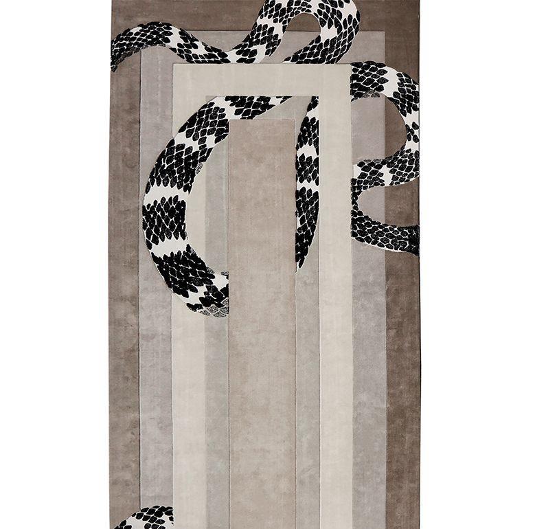The snake is one of the oldest and most well-known mythological symbols, being present in different cultures with similar meanings. Imperial snake is the most luxurious of our snake-based rugs, with its cream colors framing an elaborate and trendy