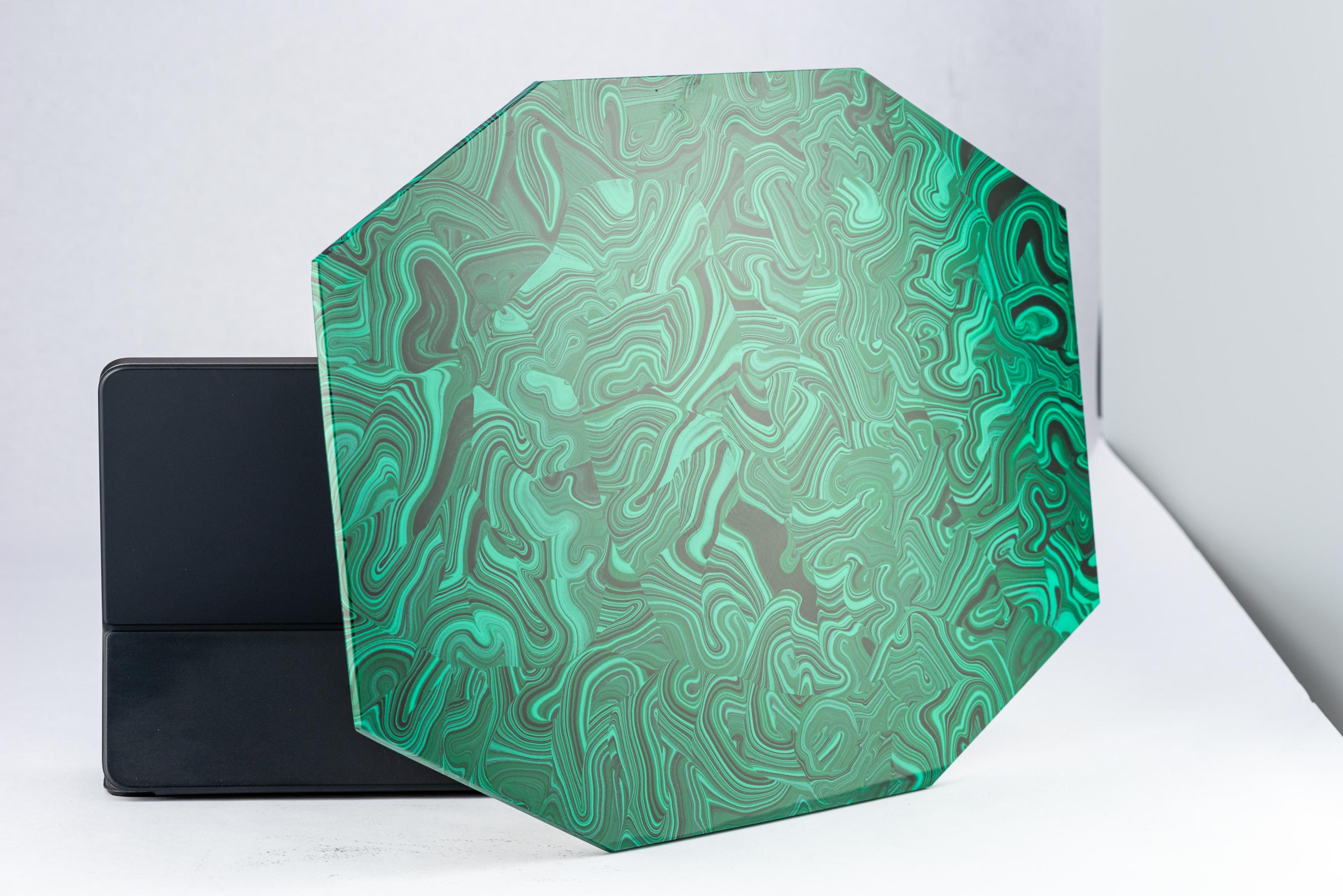 Mid-Century Modern Set of 10, Imperial Stone Faux Malachite Placemats, Acrylic, Signed For Sale