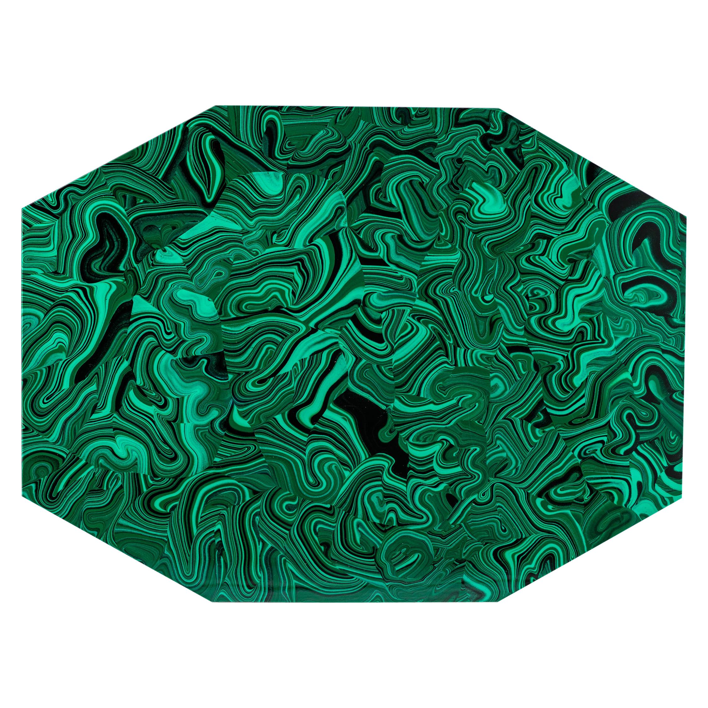 Set of ten, Imperial Stone faux malachite placemats, acrylic, signed. Glam octagonal acrylic placemats with white felt backs. Signed with the manufacture's foil label on the felt backs: Imperial Stone LTD. One has an old Bloomingdales label.