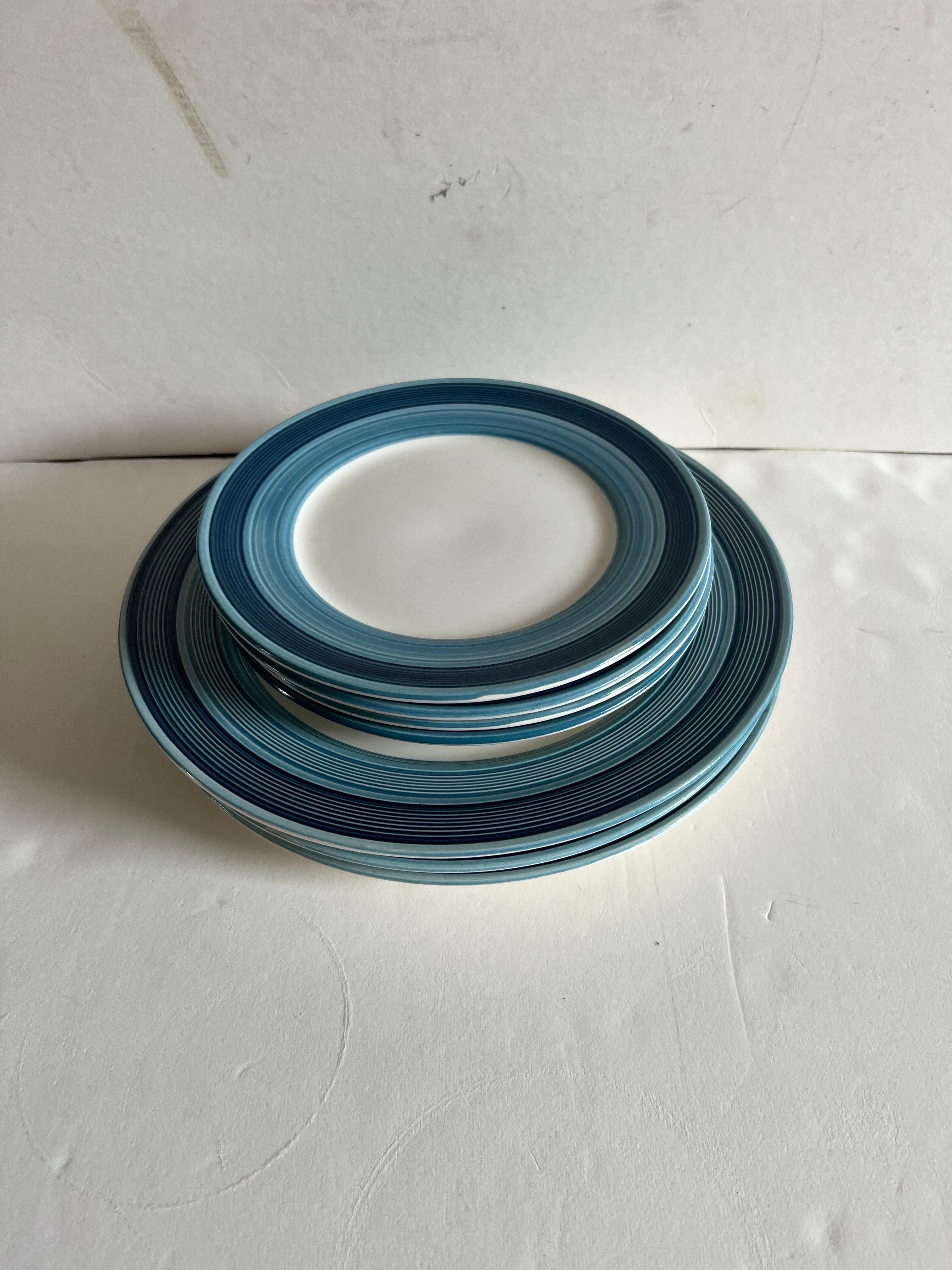 A set of 8 dinner and salad plates by Imperial Stone in the Indigo pattern.

Made in Japan, circa 1960-1970.

Includes the following 8 pieces:

8 Salad plates, 7.75” W

8 Dinner plates, 10.5” W

Condition: Very good/pre-owned. Minimal