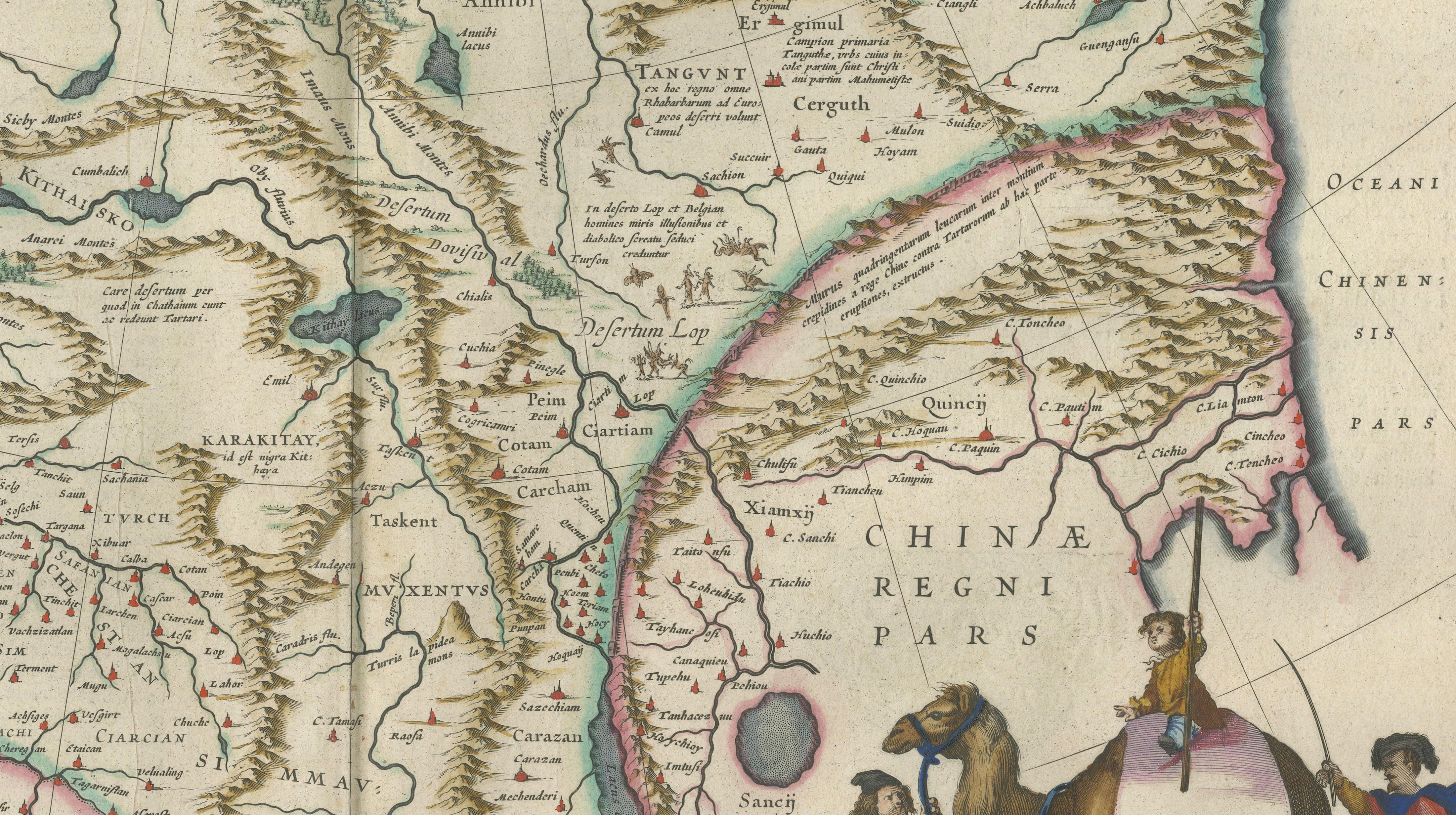 Imperial Tartary Blaeu Map, Central Asia Caravan Scene c.1642