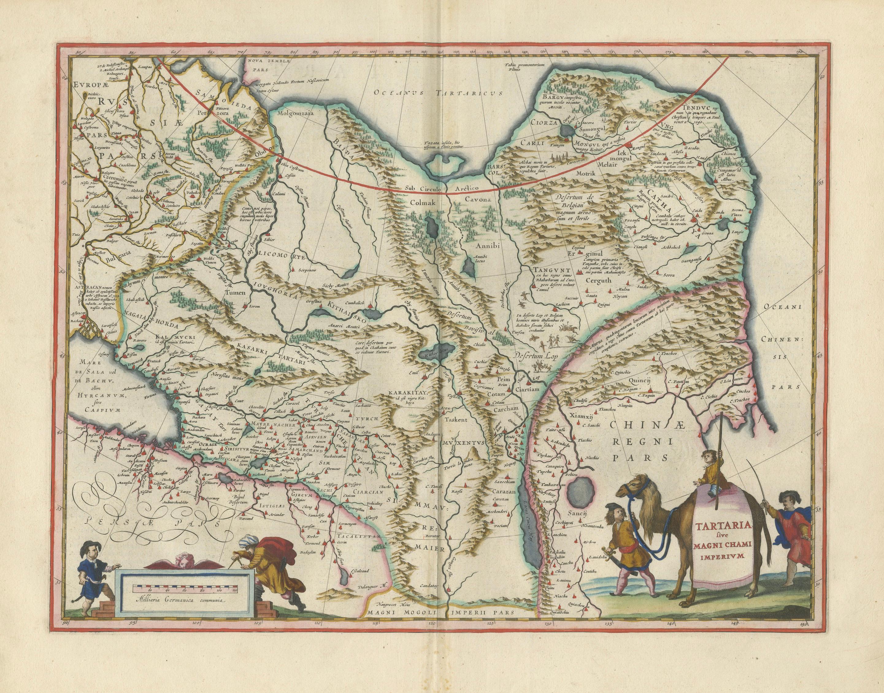 Imperial Tartary Blaeu Map, Central Asia Caravan Scene c.1642