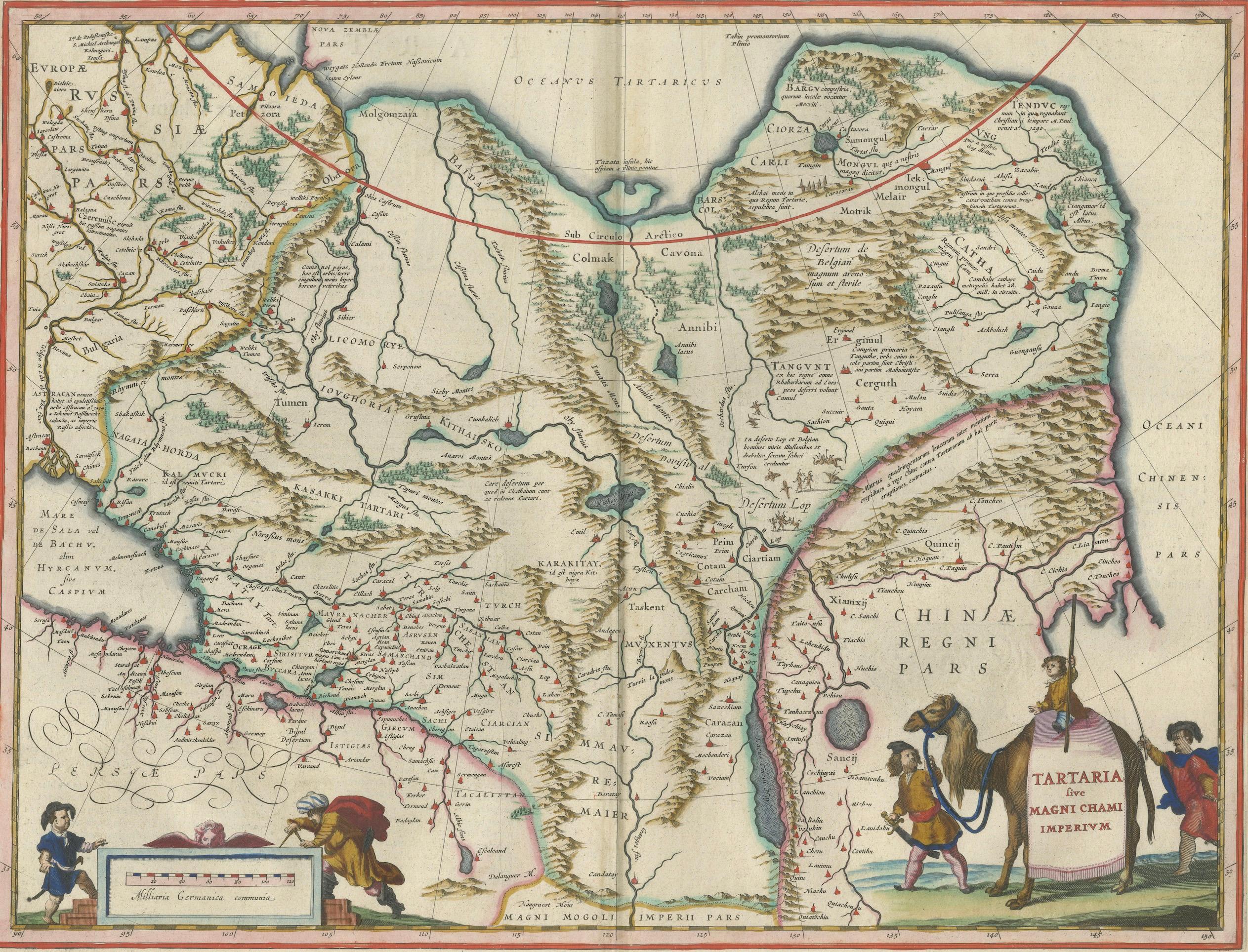 Imperial Tartary Blaeu Map, Central Asia Caravan Scene c.1642