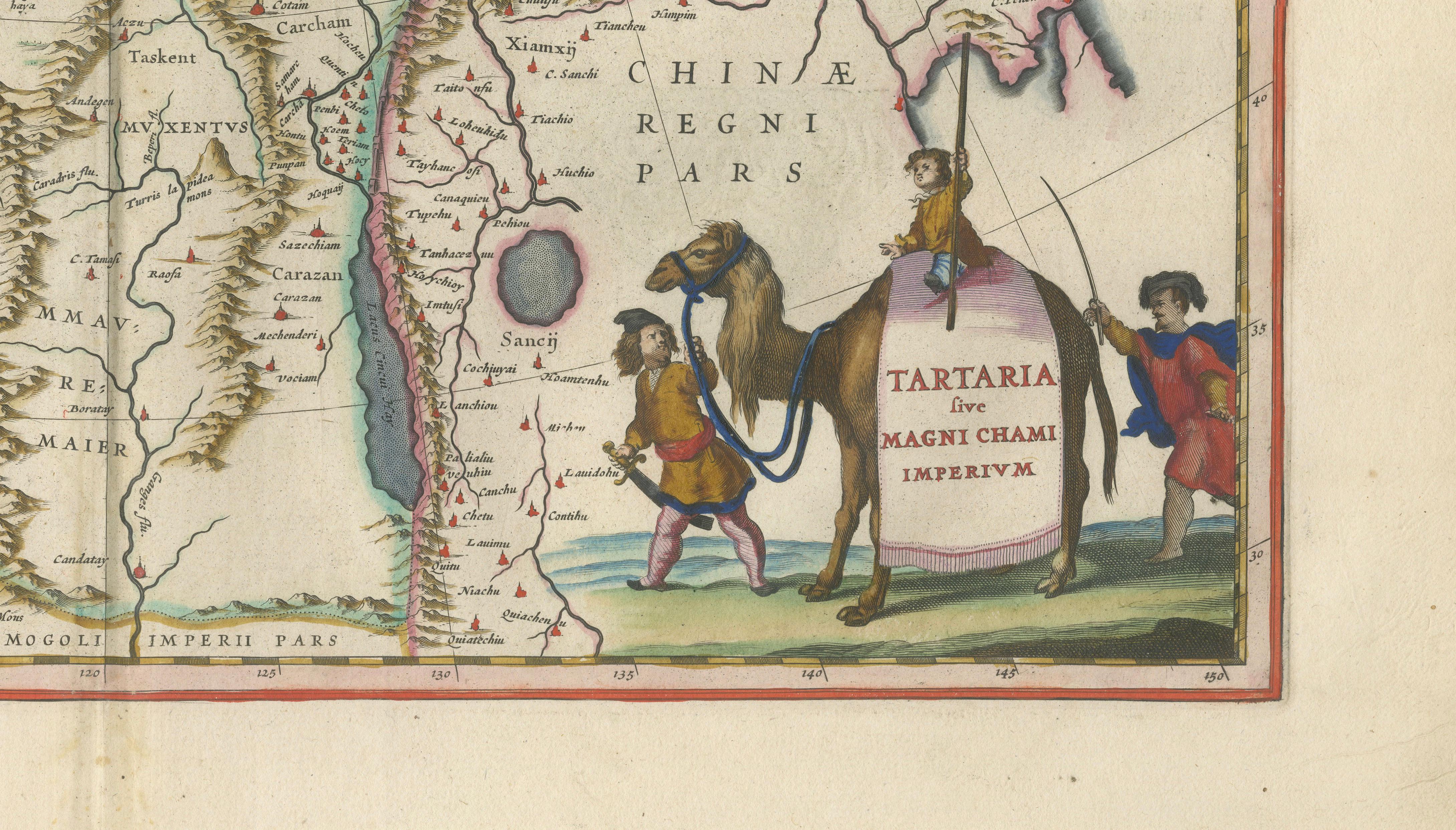 Imperial Tartary Blaeu Map, Central Asia Caravan Scene c.1642