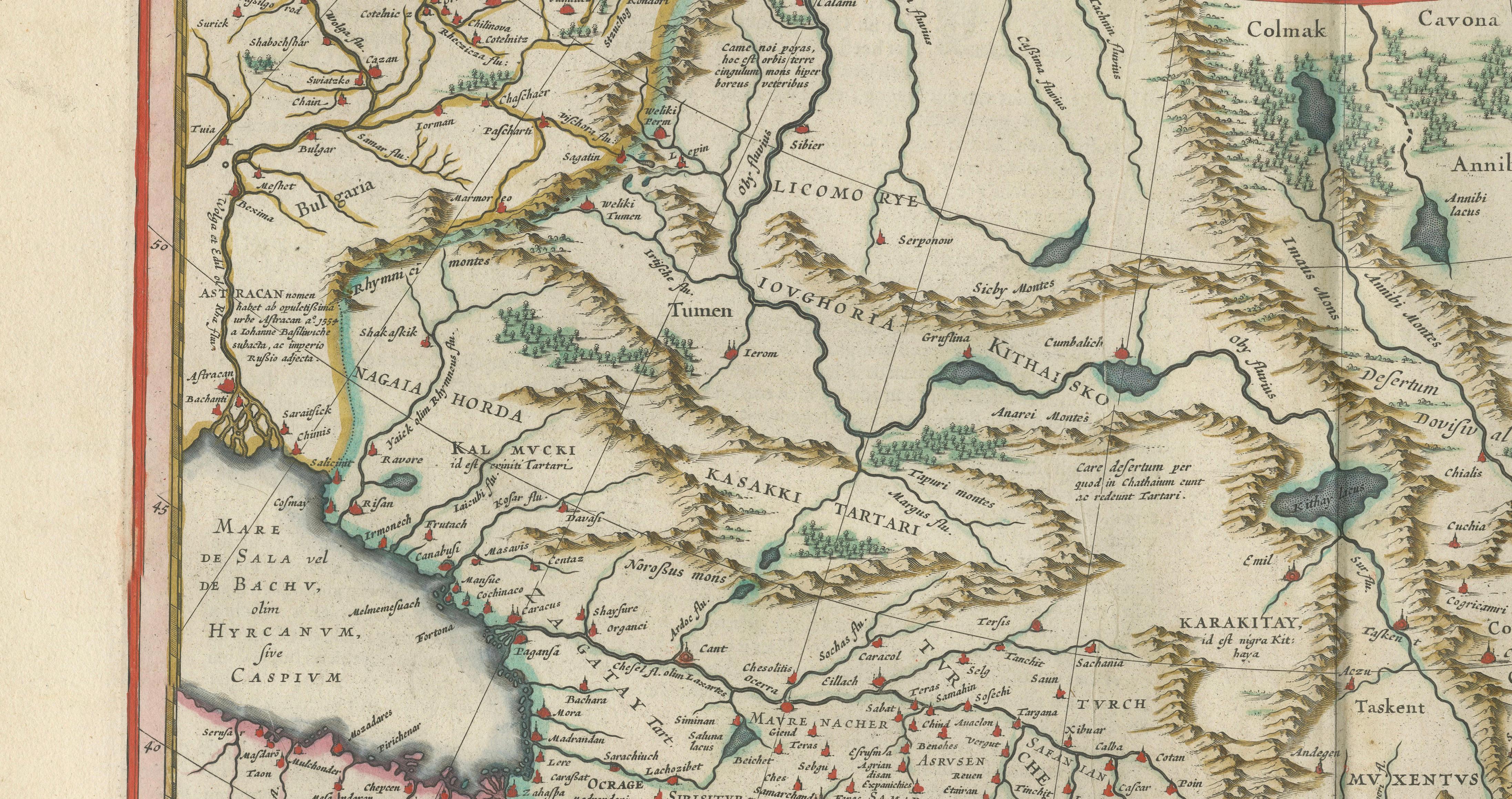 Imperial Tartary Blaeu Map, Central Asia Caravan Scene c.1642