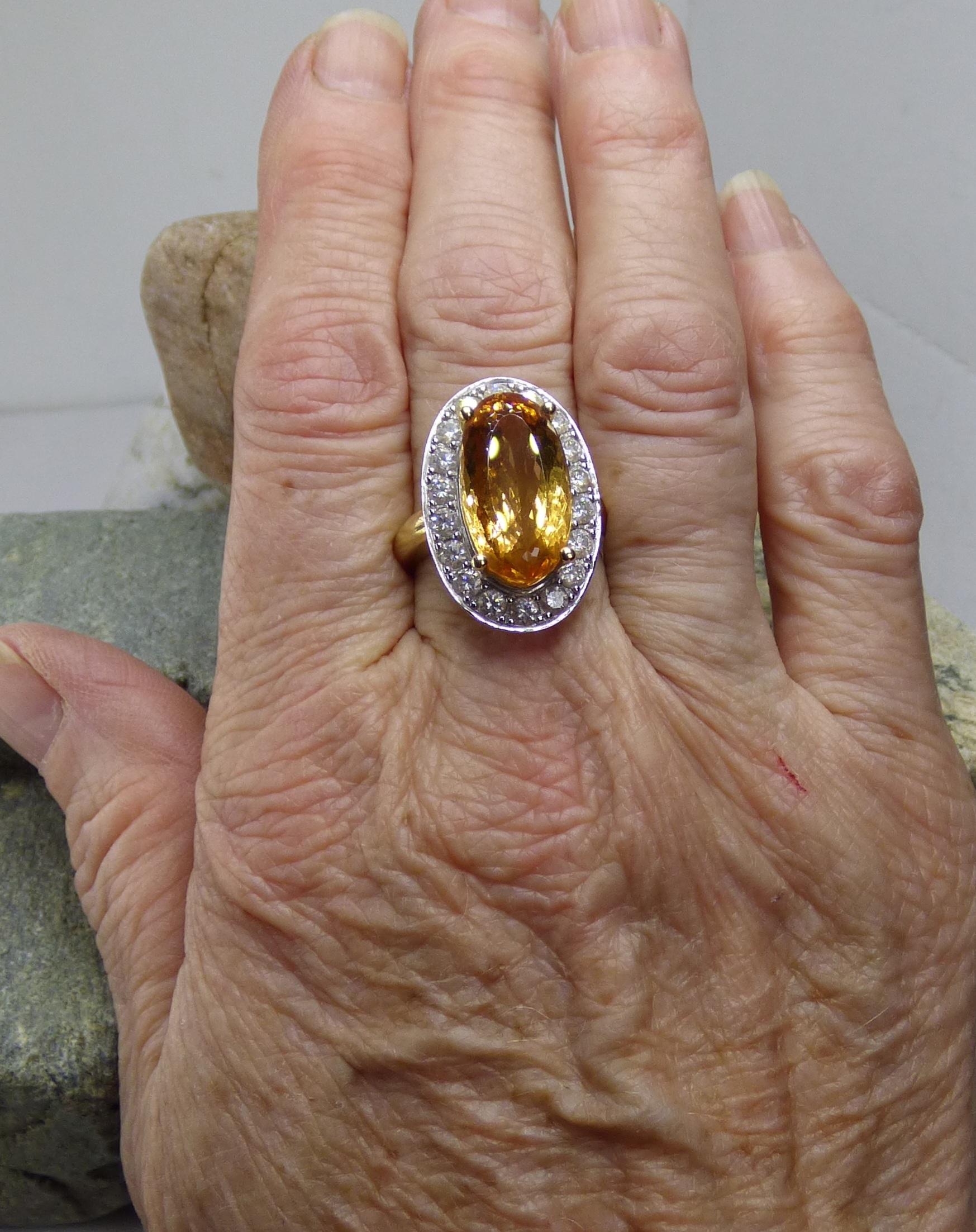 Modern Imperial Topaz 10.3ct and Diamond Cluster Ring For Sale