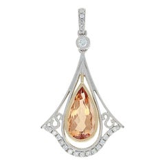 Imperial Topaz and Diamond Drop Pendant, 14 Karat White Gold Milgrain 2.65 Carat