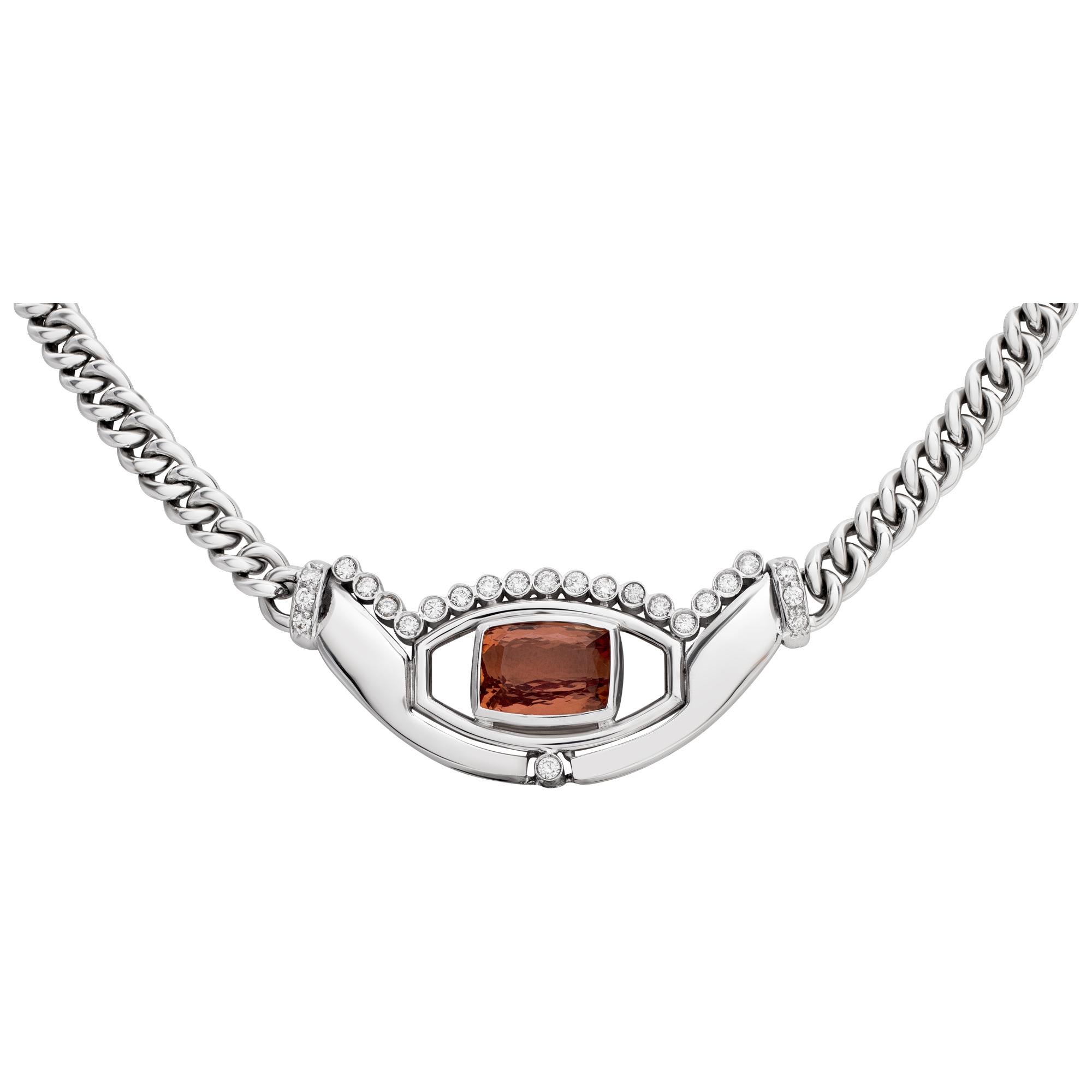 Brilliant cushion cut Imperial Topaz  & diamonds necklace set in 18k white gold. Round brilliant cut diamonds total approx weitght: 1.00 carat, estimate: G-H color, VS clarity. Imperial Topaz approx weight over 4 carat . Length 16 inches.
