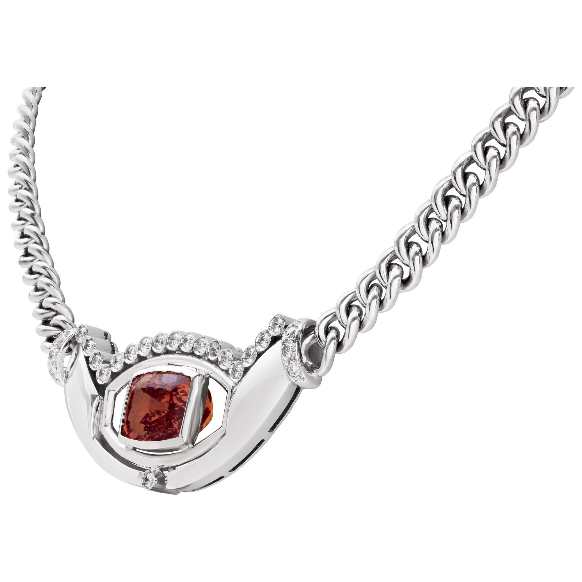 Brilliant cushion cut Imperial Topaz  & diamonds necklace set in 18k white gold. Round brilliant cut diamonds total approx weitght: 1.00 carat, estimate: G-H color, VS clarity. Imperial Topaz approx weight over 4 carat . Length 16 inches.
