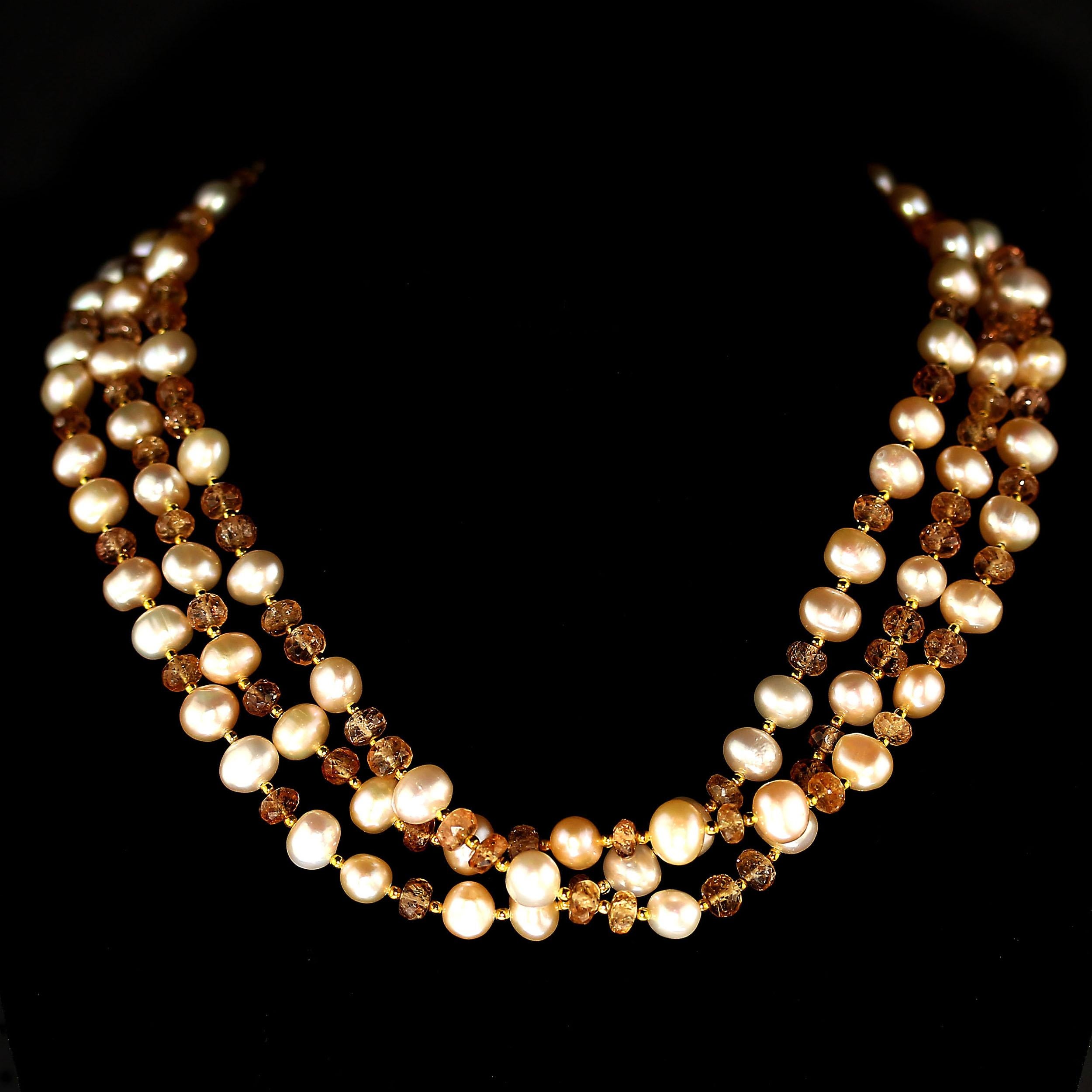 AJD TripleStrand Orange Imperial Topaz Peach Pearl Necklace June Birthstone 2